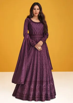 Premium Silk Plum Purple Embroidered Wedding Anarkali Suit