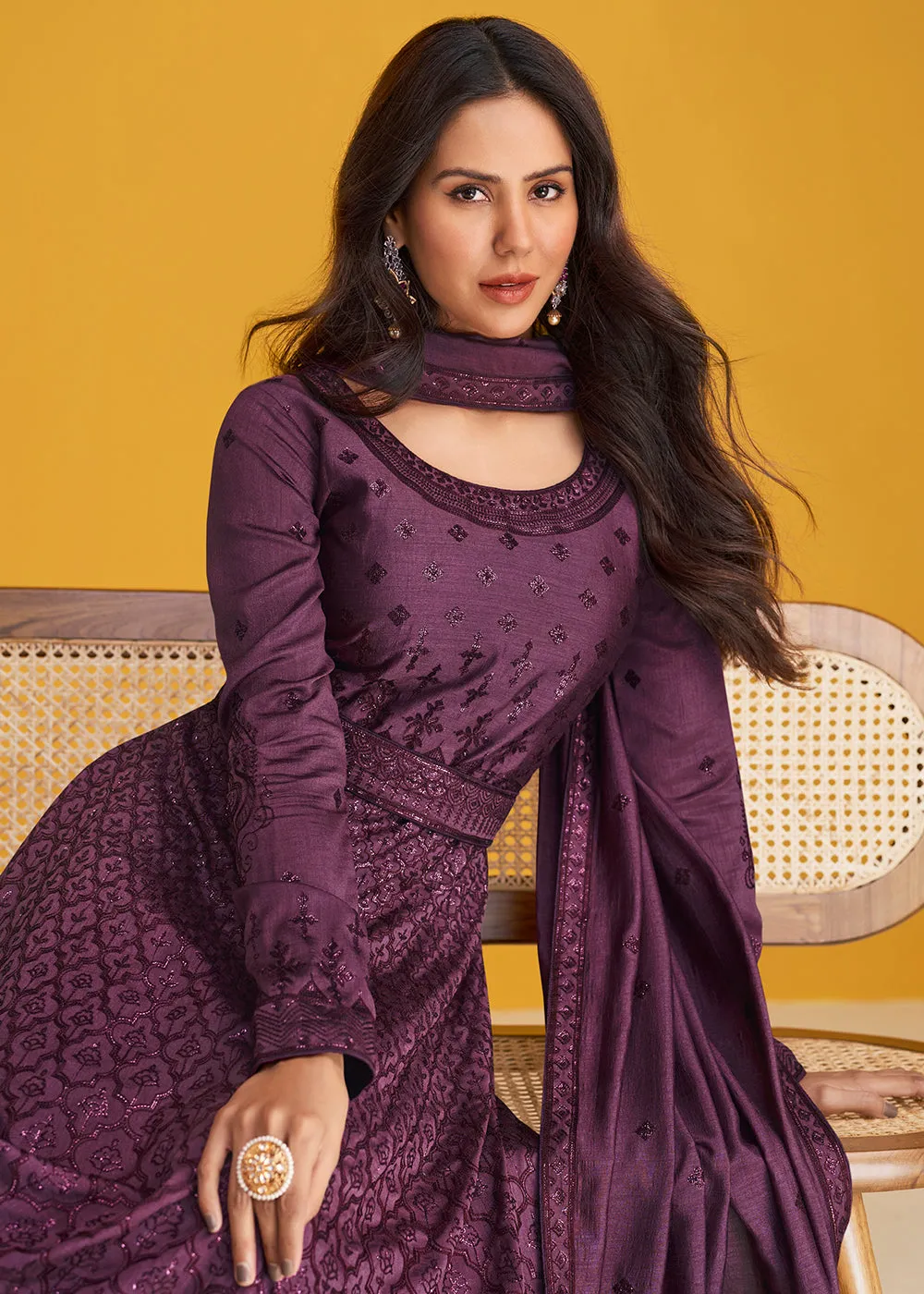 Premium Silk Plum Purple Embroidered Wedding Anarkali Suit