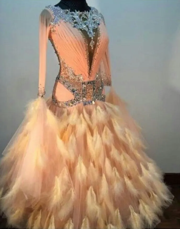 Pretty Peach w/Feathers International Standard Ballroom Dance Dress