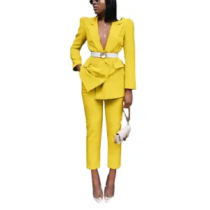 Professional Deep V-neck Button Front Tight-Waist Blazer and Pants