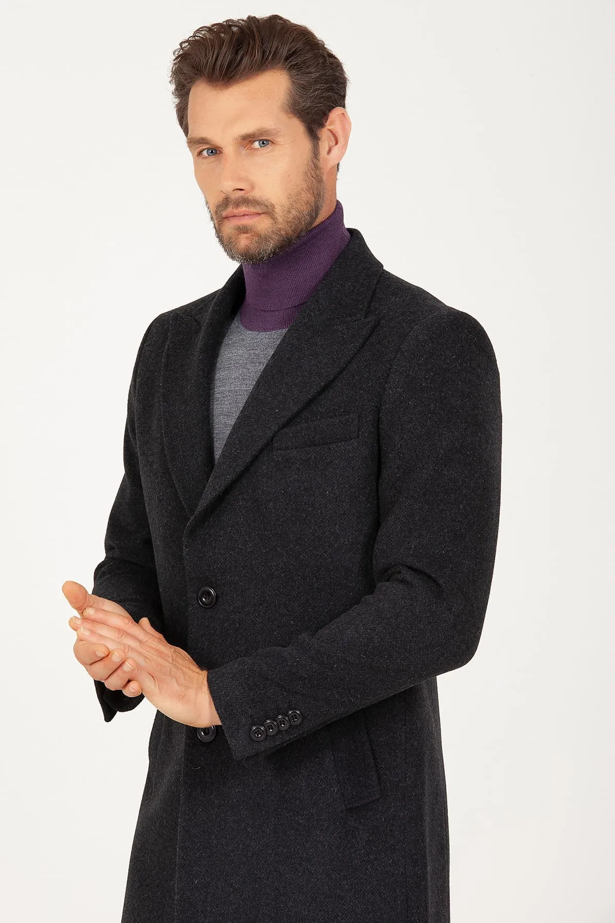 Regular Fit Peaked Lapel Wool & Cashmere Black Overcoat