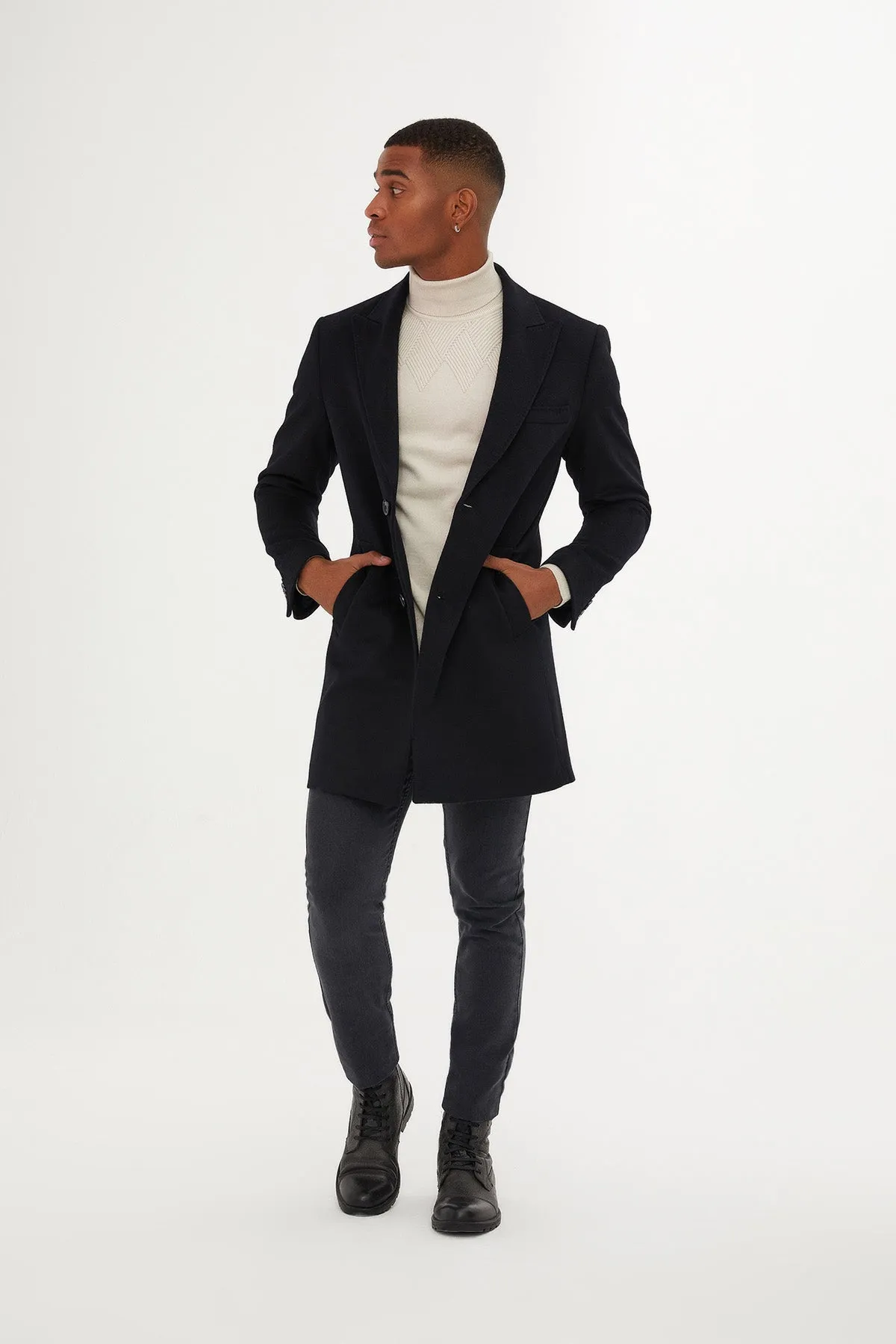 Regular Fit Peaked Lapel Wool Blend Navy Overcoat