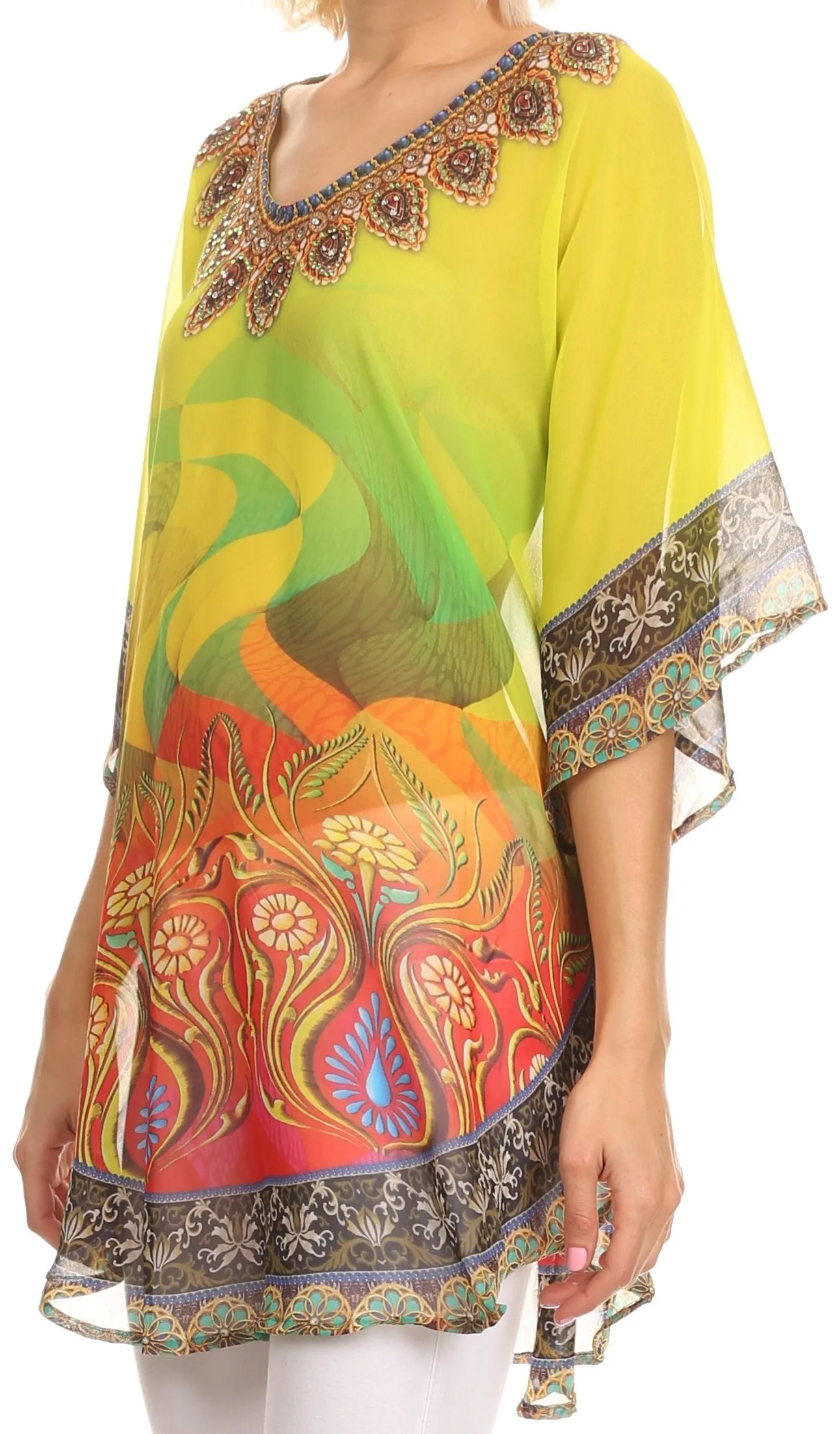 Sakkas Villa Long Wide Tall Printed Rhinestone Circle Poncho Top Blouse Cover Up