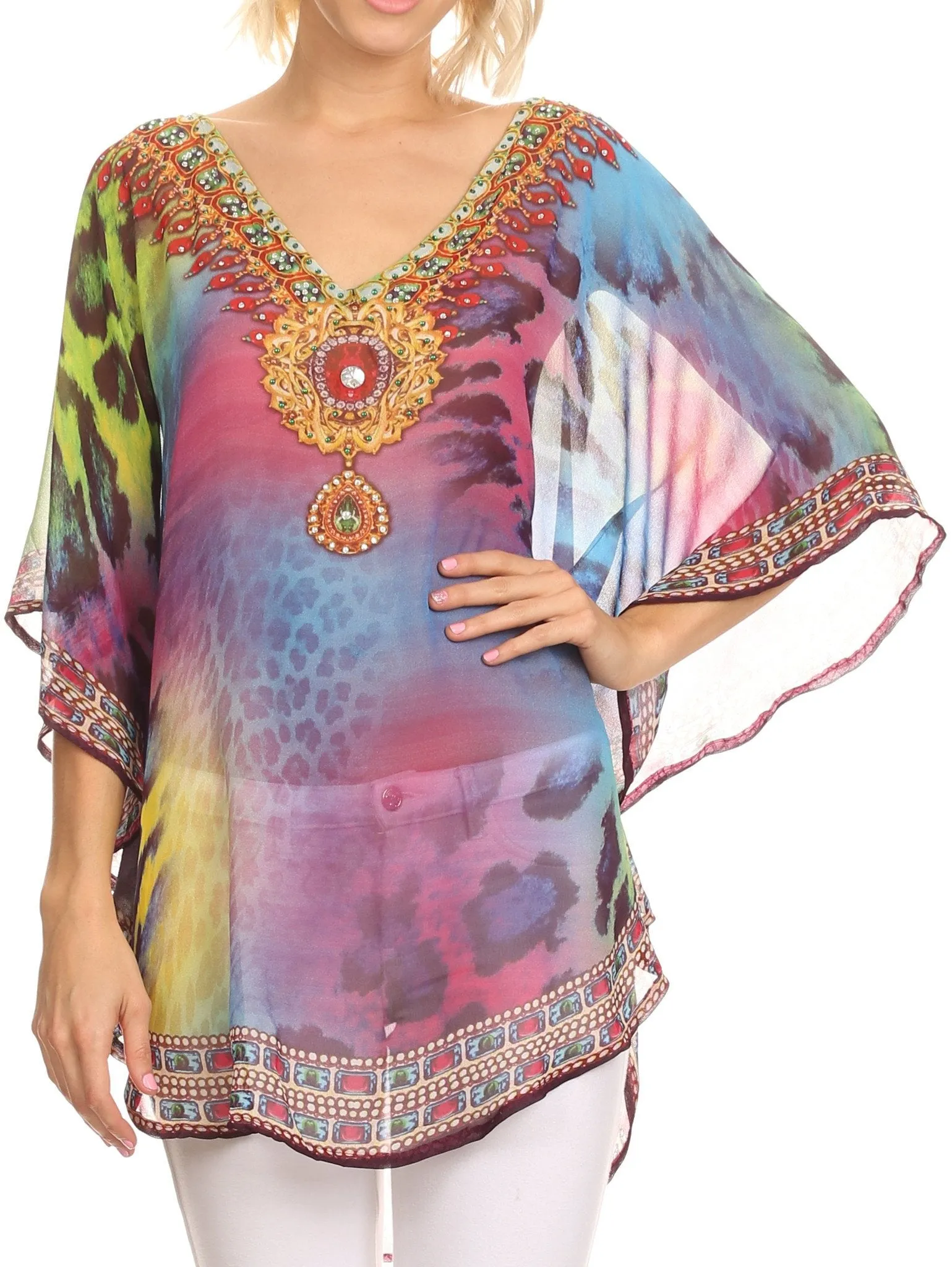 Sakkas Villa Long Wide Tall Printed Rhinestone Circle Poncho Top Blouse Cover Up