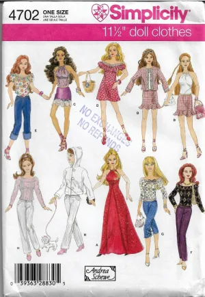 Simplicity 4702 Barbie Doll Wardrobe Dress Halter Top Gown Pants Sewing Pattern