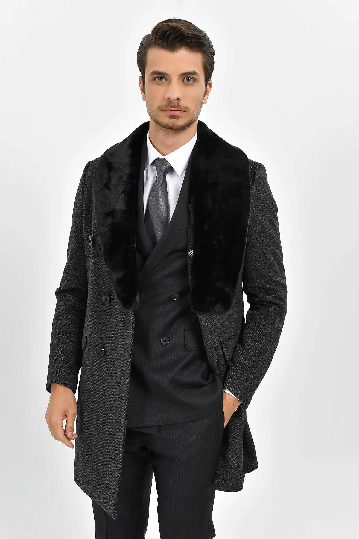 Slim Fit Cachet Double Breasted Charcoal Wool Blend Overcoat