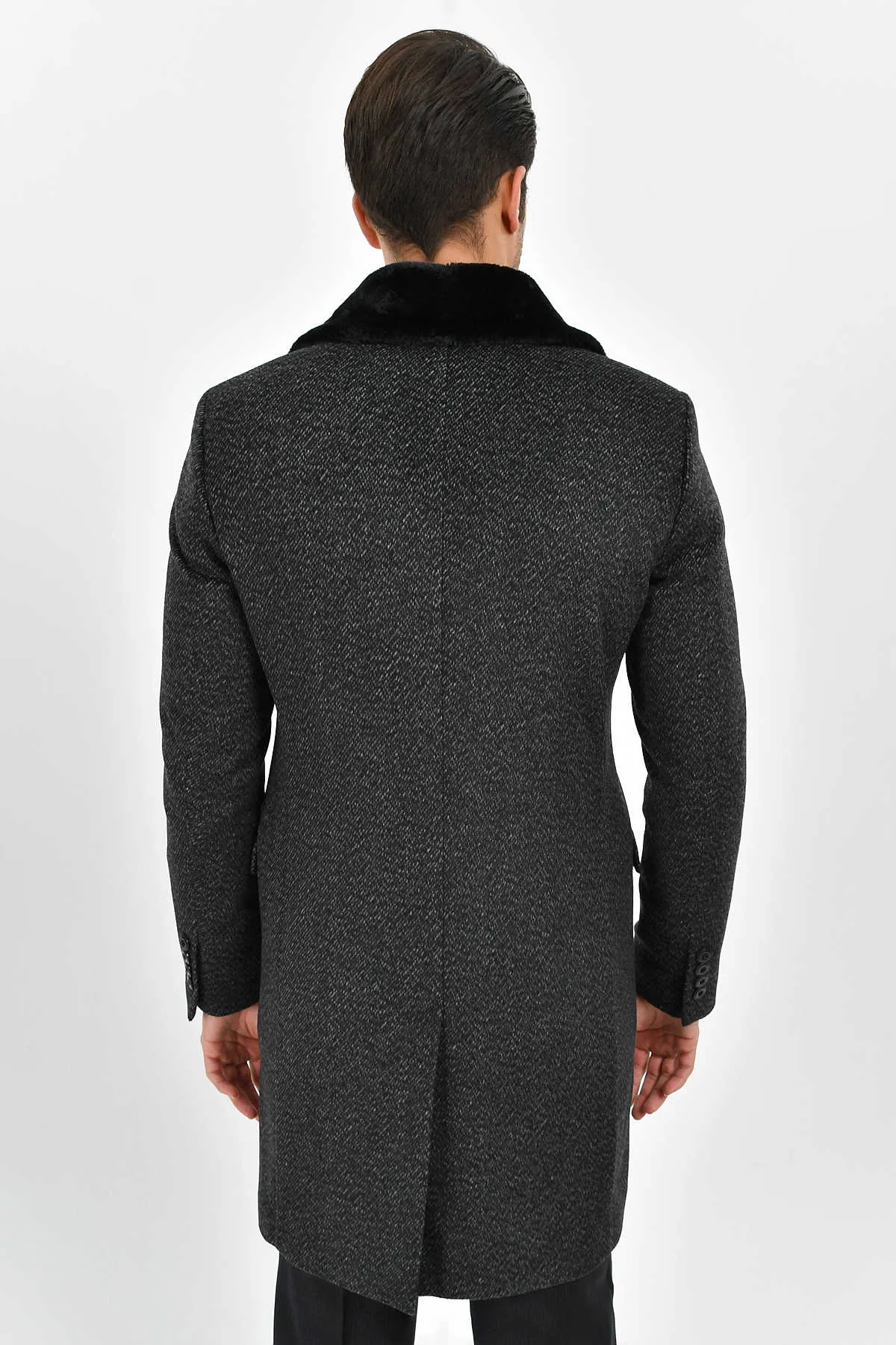 Slim Fit Cachet Double Breasted Charcoal Wool Blend Overcoat