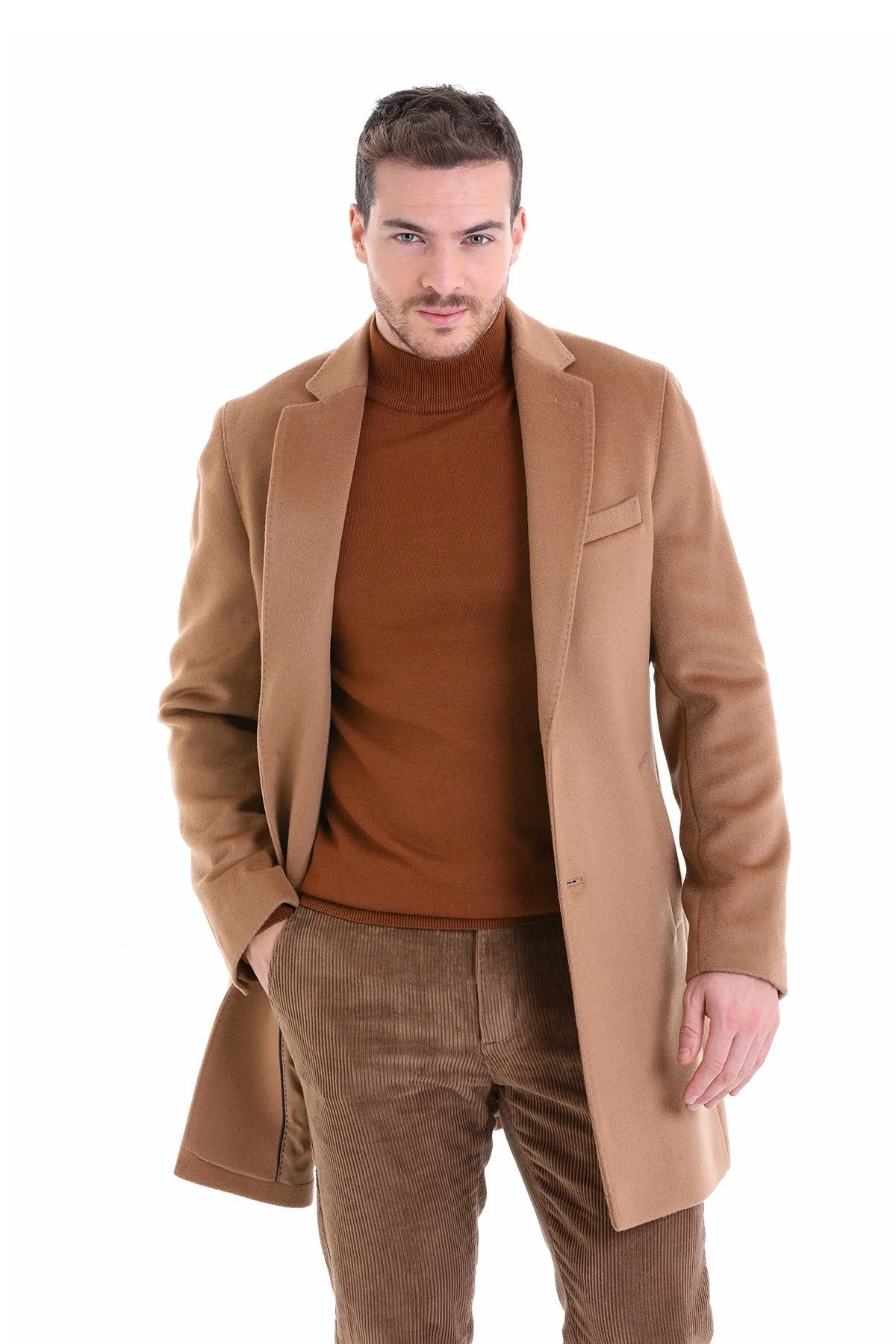 Slim Fit Cachet Notch Lapel Camel Wool Overcoat