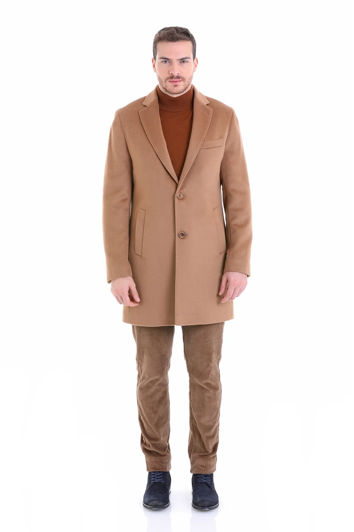 Slim Fit Cachet Notch Lapel Camel Wool Overcoat