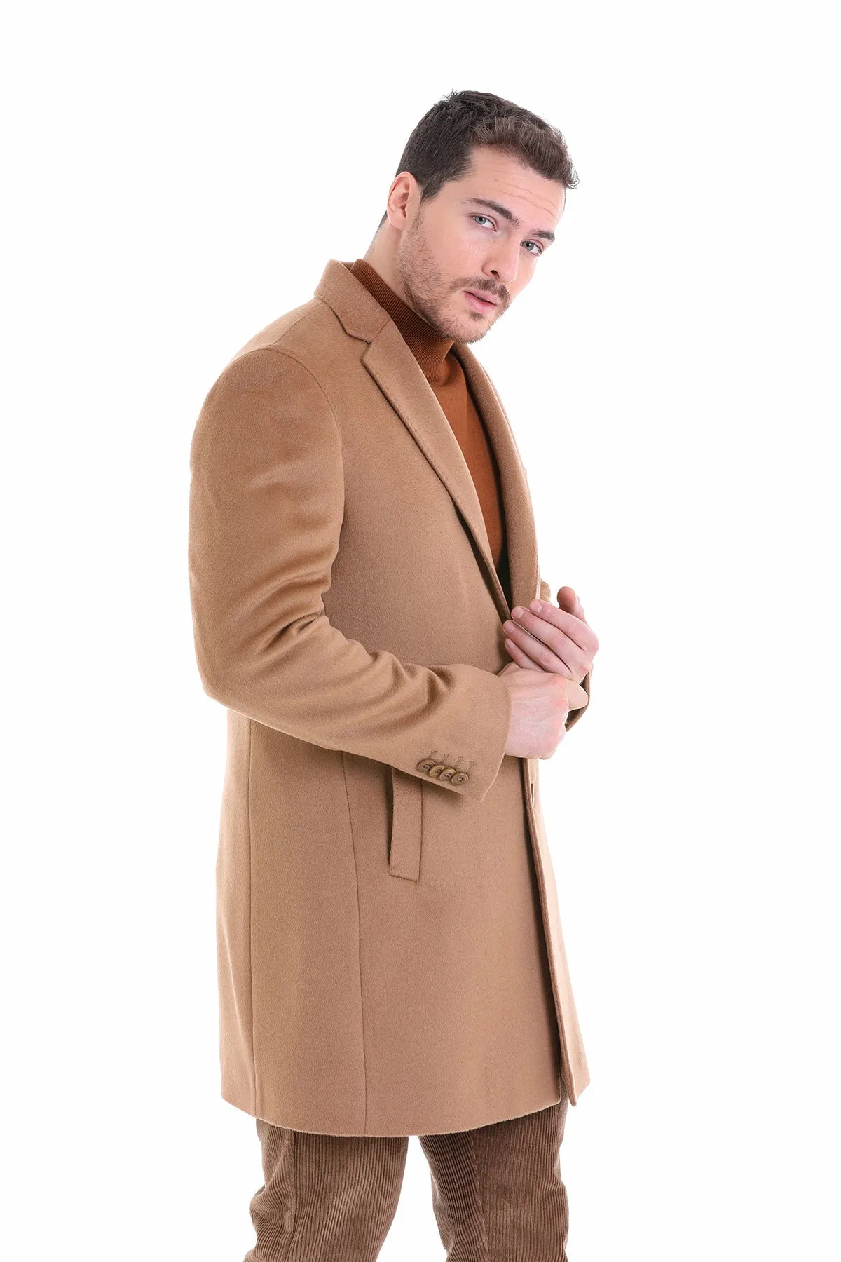 Slim Fit Cachet Notch Lapel Camel Wool Overcoat