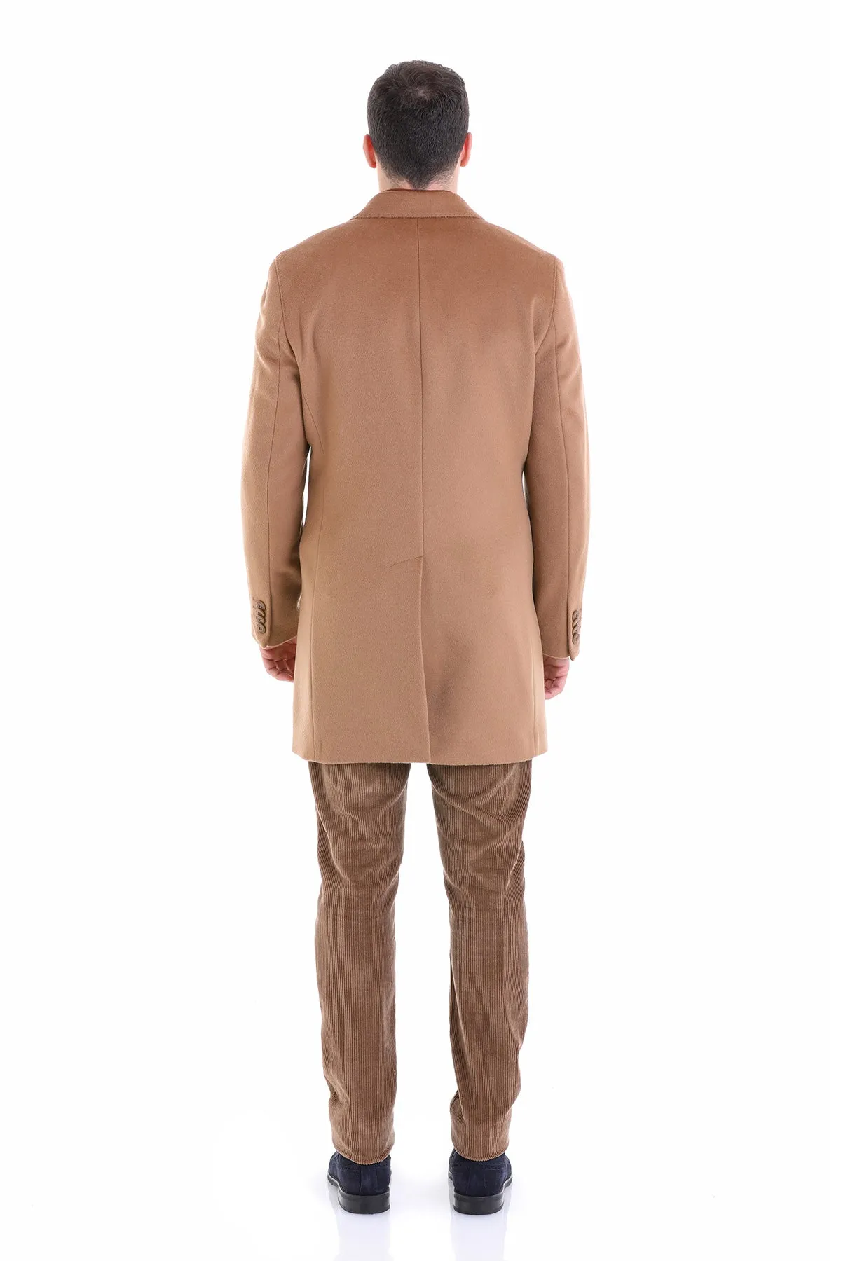 Slim Fit Cachet Notch Lapel Camel Wool Overcoat