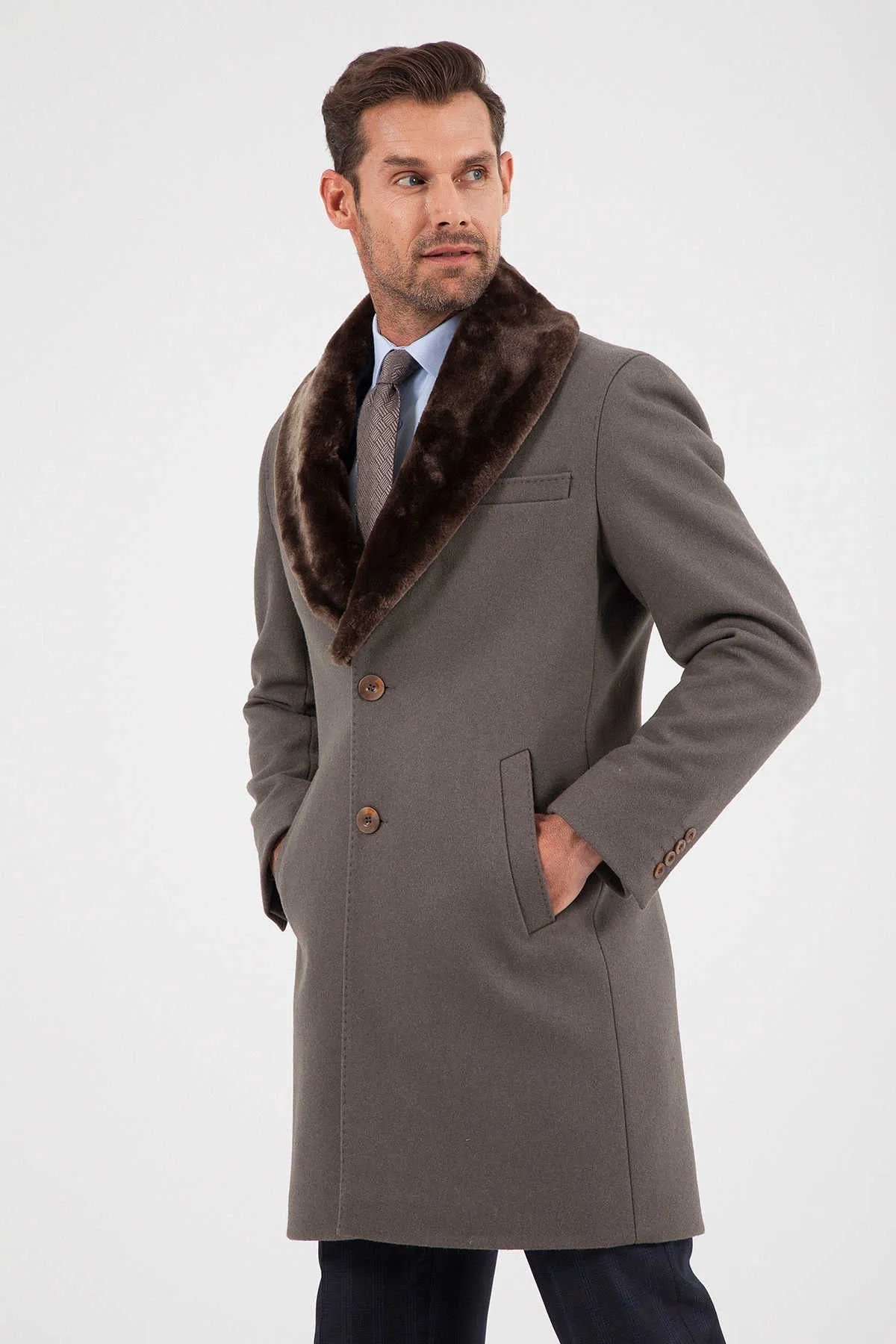 Slim Fit Notch Lapel Wool Light Beige Overcoat, Mink