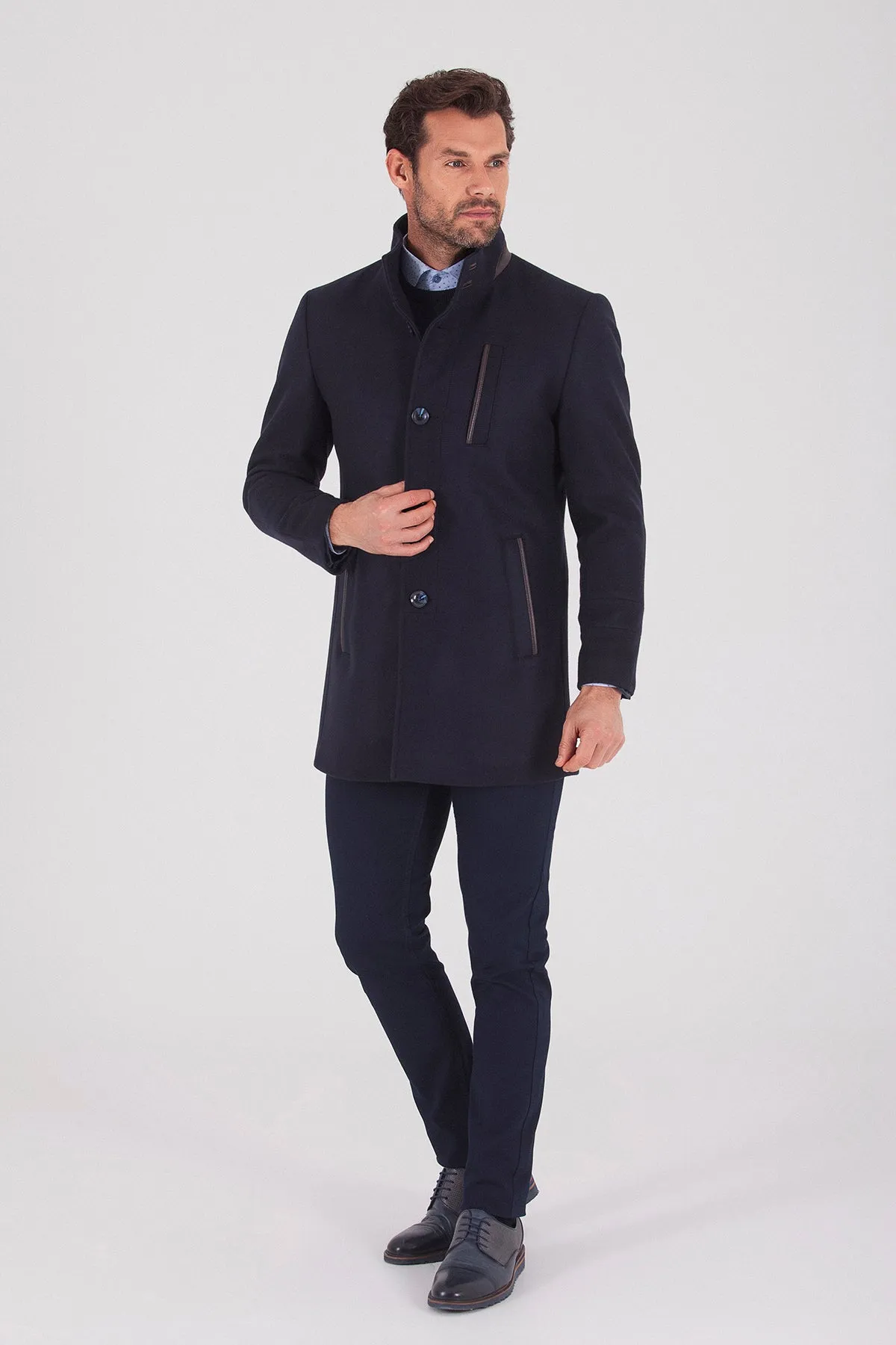 Slim Fit Notch Lapel Wool Navy Overcoat, Light Navy