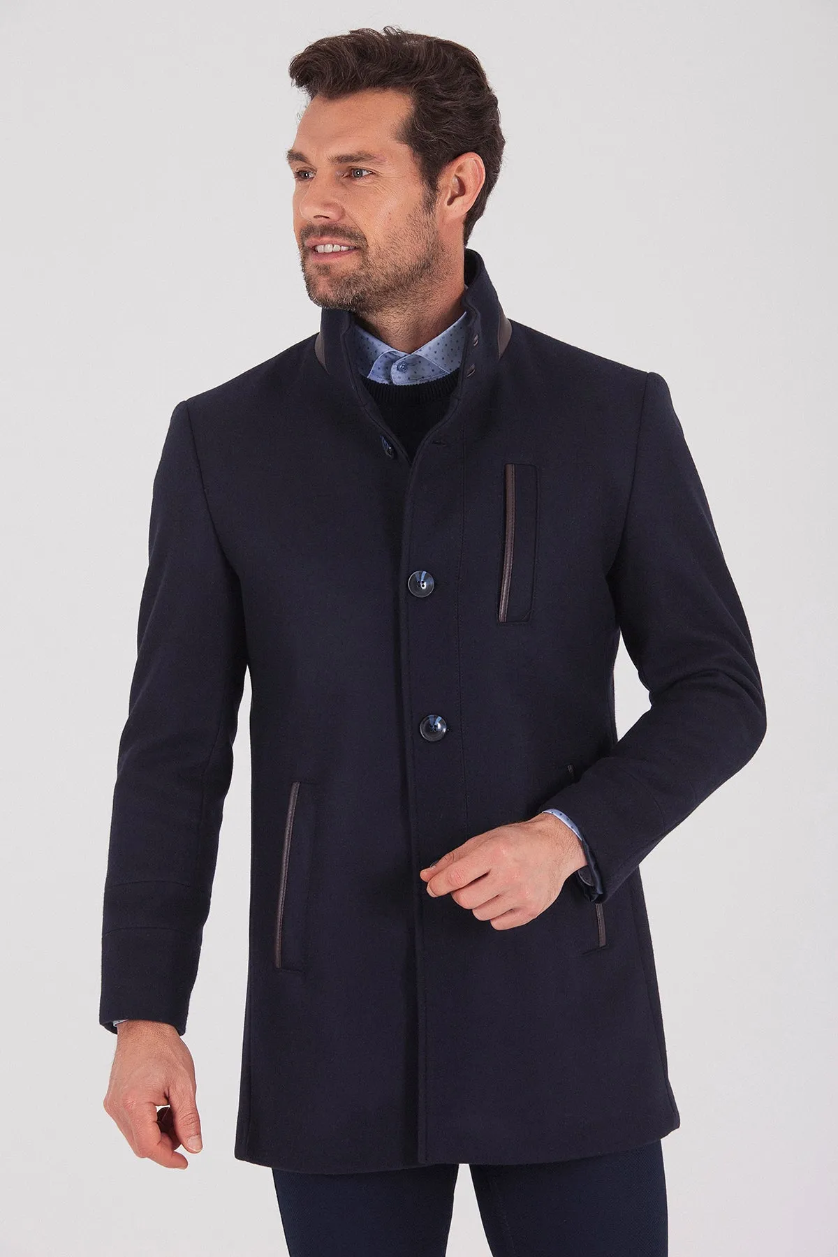 Slim Fit Notch Lapel Wool Navy Overcoat, Light Navy