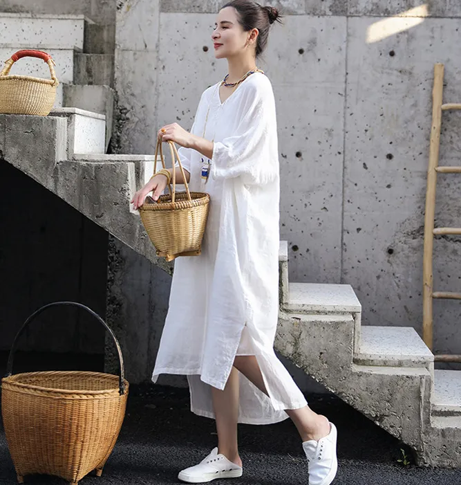 Slit White Linen Summer Women Dresses Short Sleeve Long Loose Women Dresses 17292