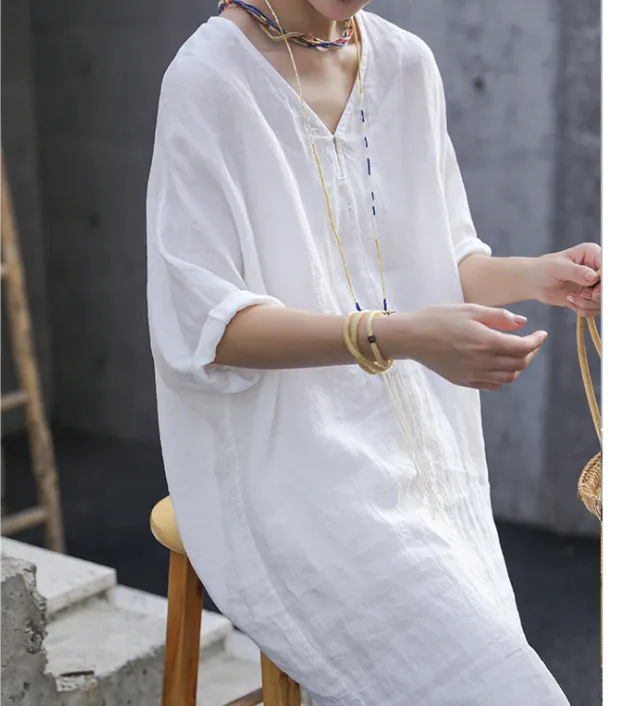 Slit White Linen Summer Women Dresses Short Sleeve Long Loose Women Dresses 17292