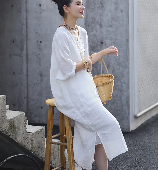 Slit White Linen Summer Women Dresses Short Sleeve Long Loose Women Dresses 17292