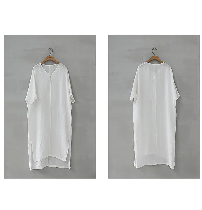 Slit White Linen Summer Women Dresses Short Sleeve Long Loose Women Dresses 17292