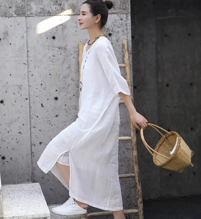 Slit White Linen Summer Women Dresses Short Sleeve Long Loose Women Dresses 17292