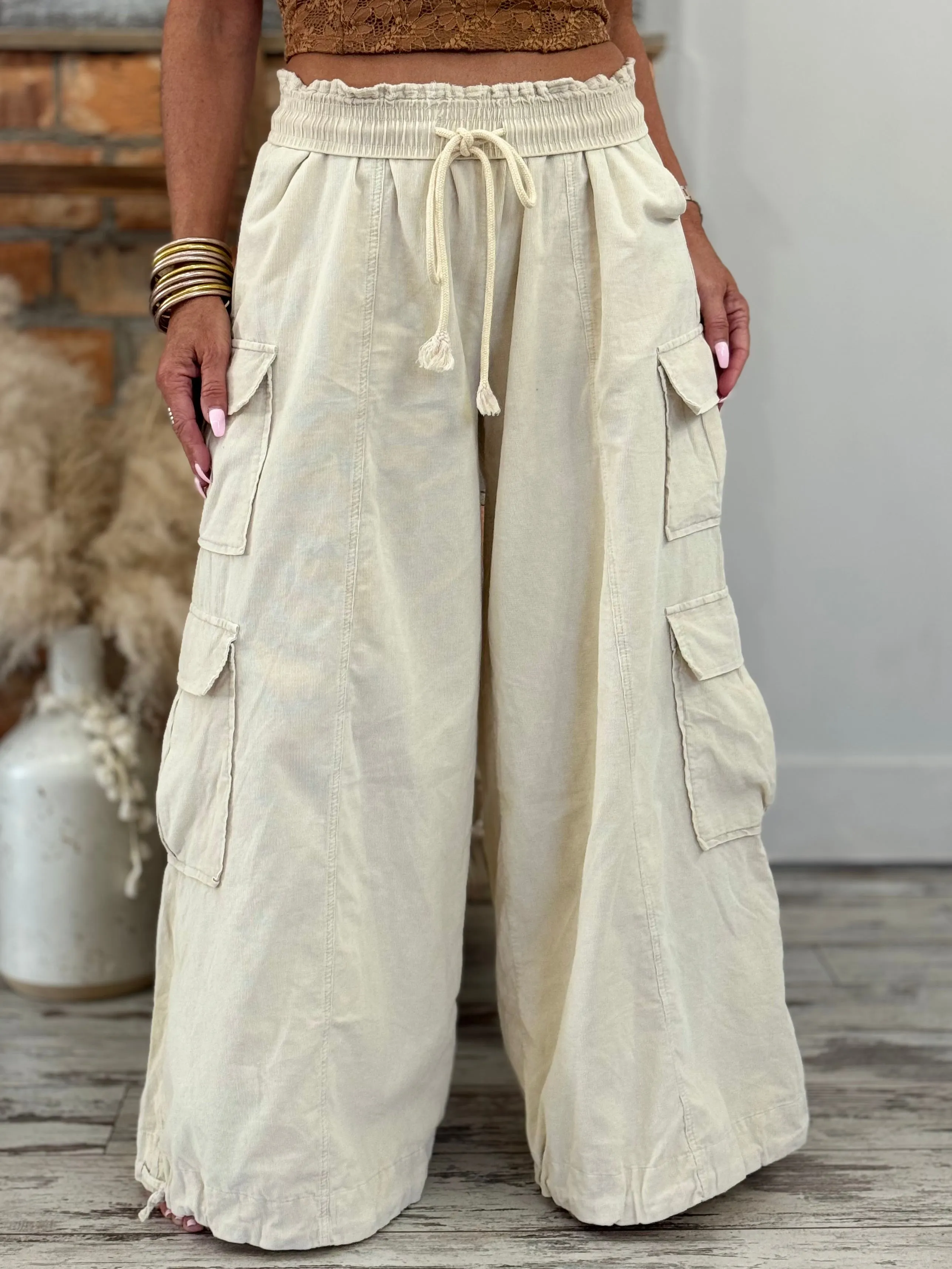 Slouchy Corduroy Wide Leg Jogger Pants in Cream