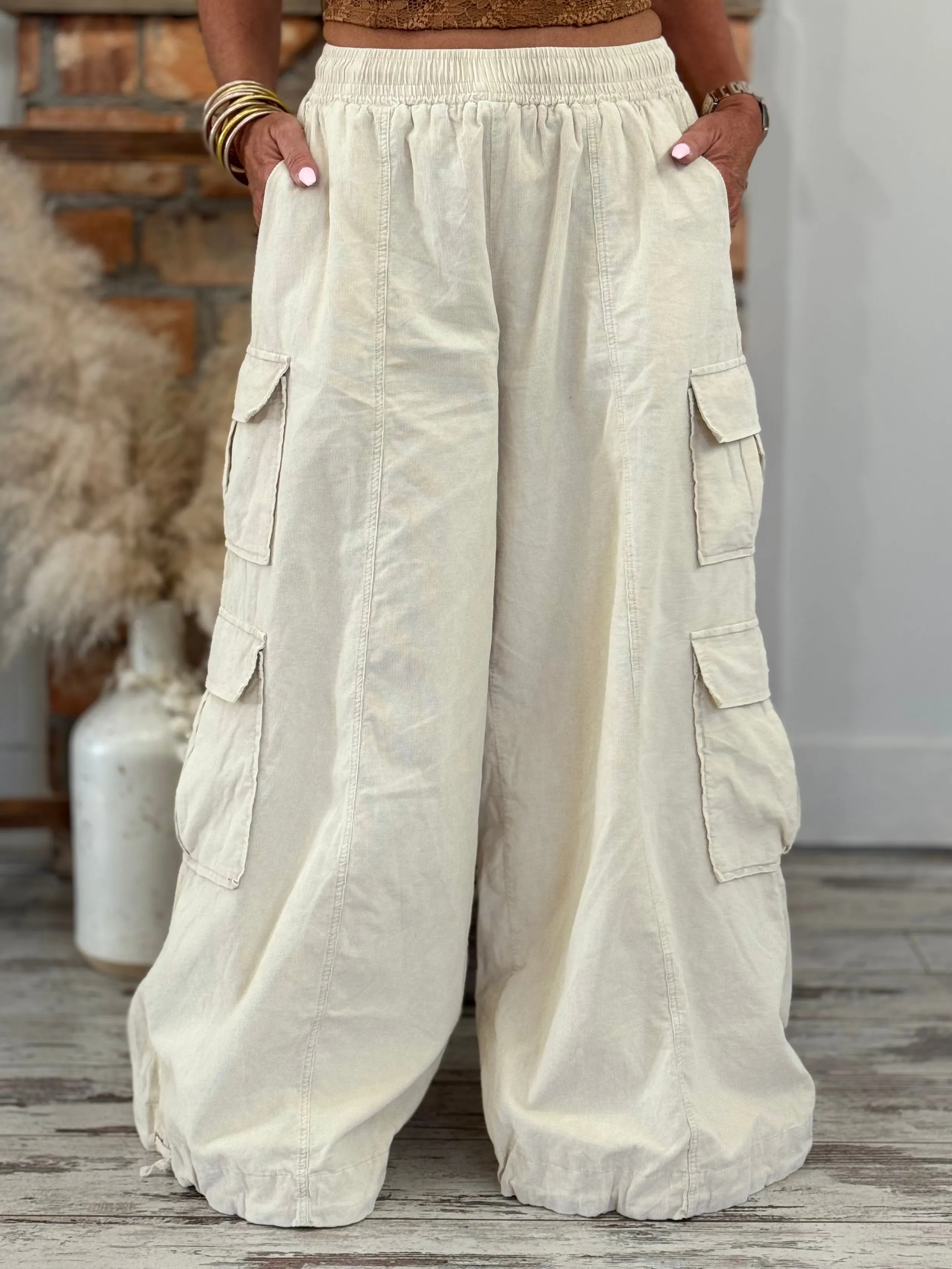 Slouchy Corduroy Wide Leg Jogger Pants in Cream