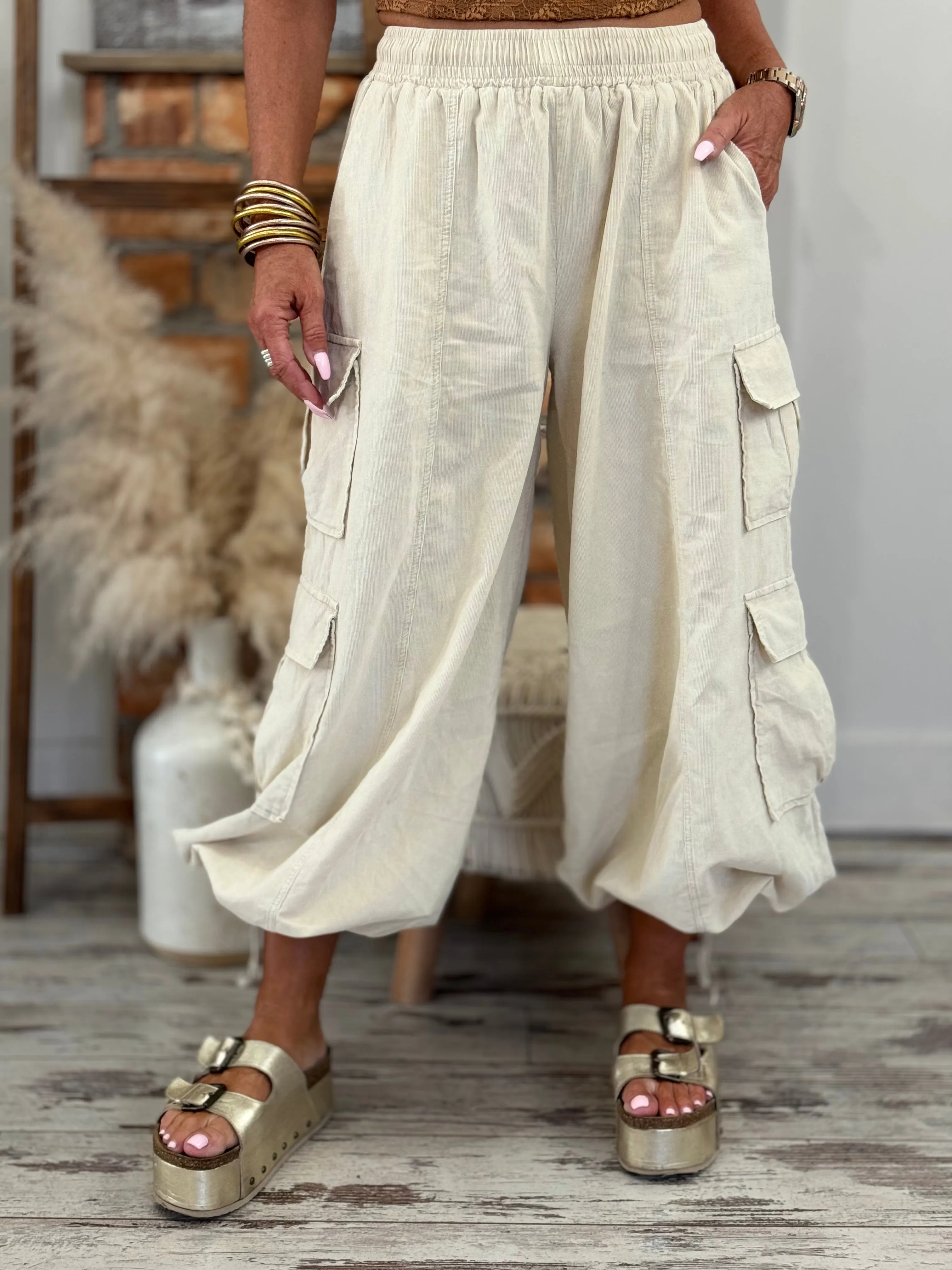 Slouchy Corduroy Wide Leg Jogger Pants in Cream