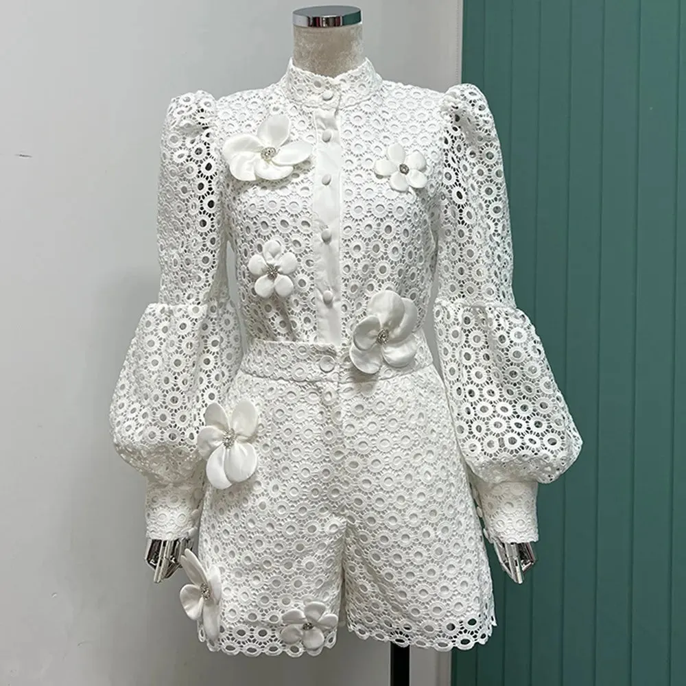 Solid Two Piece Set For Women Round Neck Lantern Sleeve Cut Out Spliced Pearls Floral Top High Waist Shorts Chic Sets Female