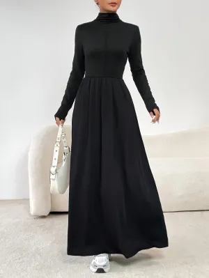 Stunning Cinched Waist Maxi Dress - Elegant Long Sleeve, A-Line Silhouette, Mock Neck Design, Perfect for Spring & Fall, Women's Clothing for Chic Occasions