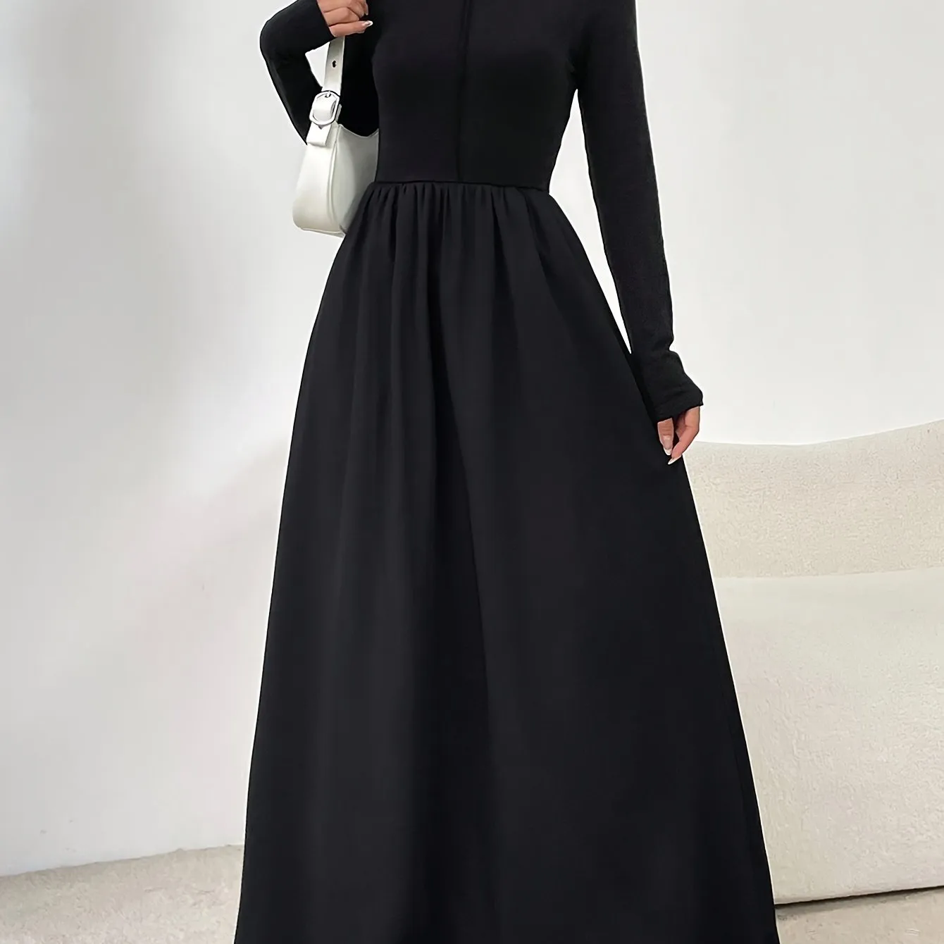 Stunning Cinched Waist Maxi Dress - Elegant Long Sleeve, A-Line Silhouette, Mock Neck Design, Perfect for Spring & Fall, Women's Clothing for Chic Occasions