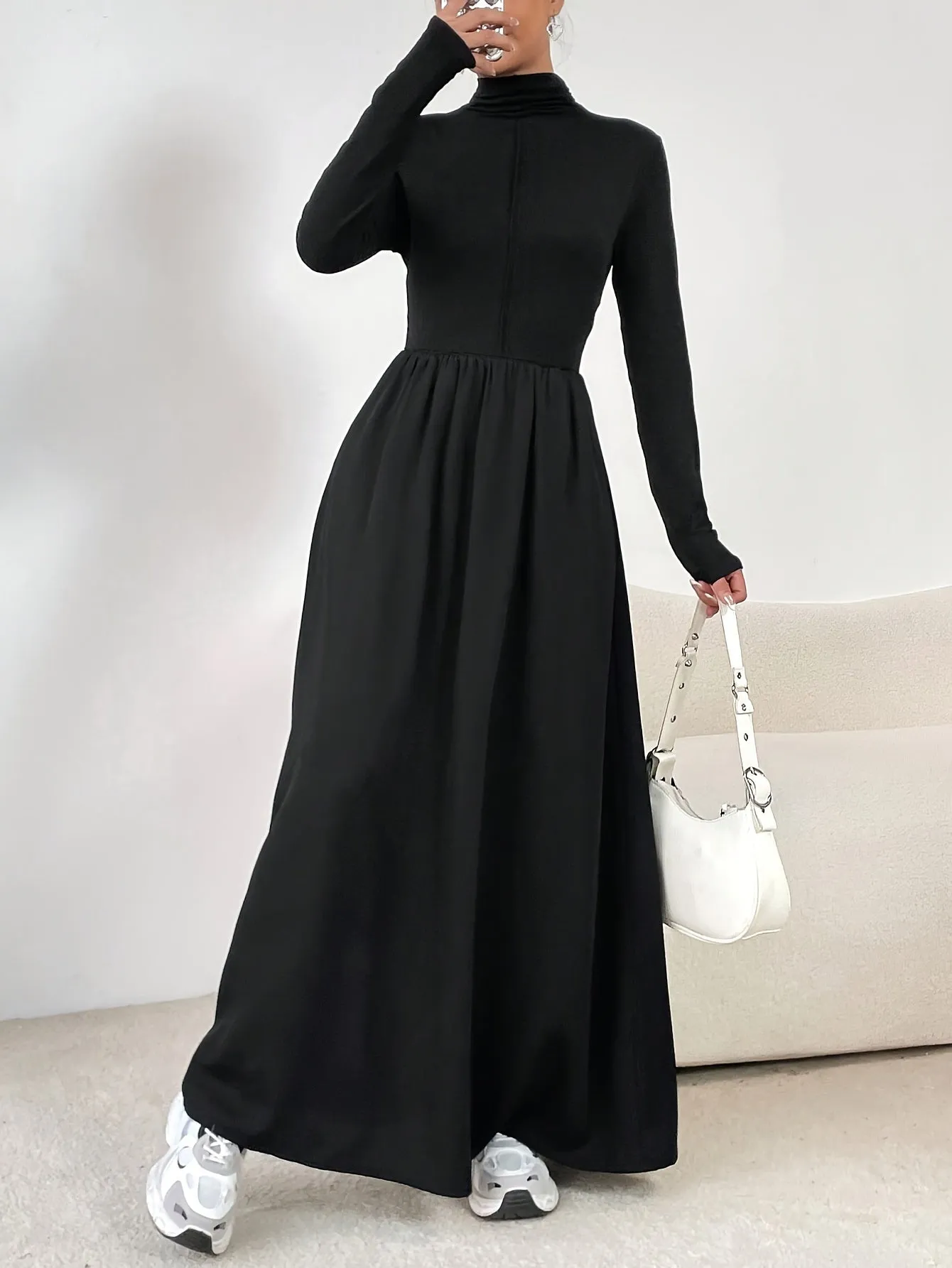 Stunning Cinched Waist Maxi Dress - Elegant Long Sleeve, A-Line Silhouette, Mock Neck Design, Perfect for Spring & Fall, Women's Clothing for Chic Occasions