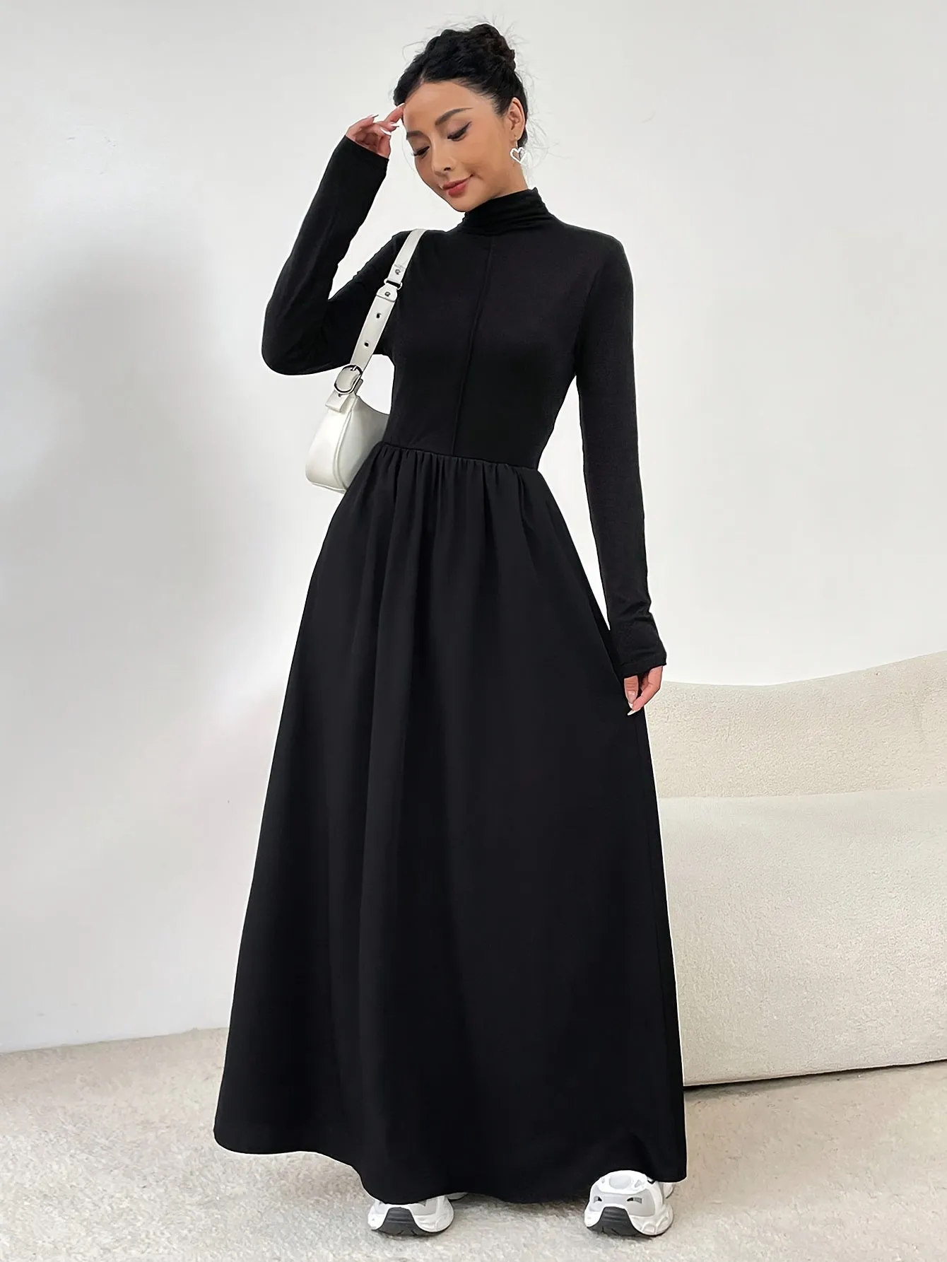 Stunning Cinched Waist Maxi Dress - Elegant Long Sleeve, A-Line Silhouette, Mock Neck Design, Perfect for Spring & Fall, Women's Clothing for Chic Occasions