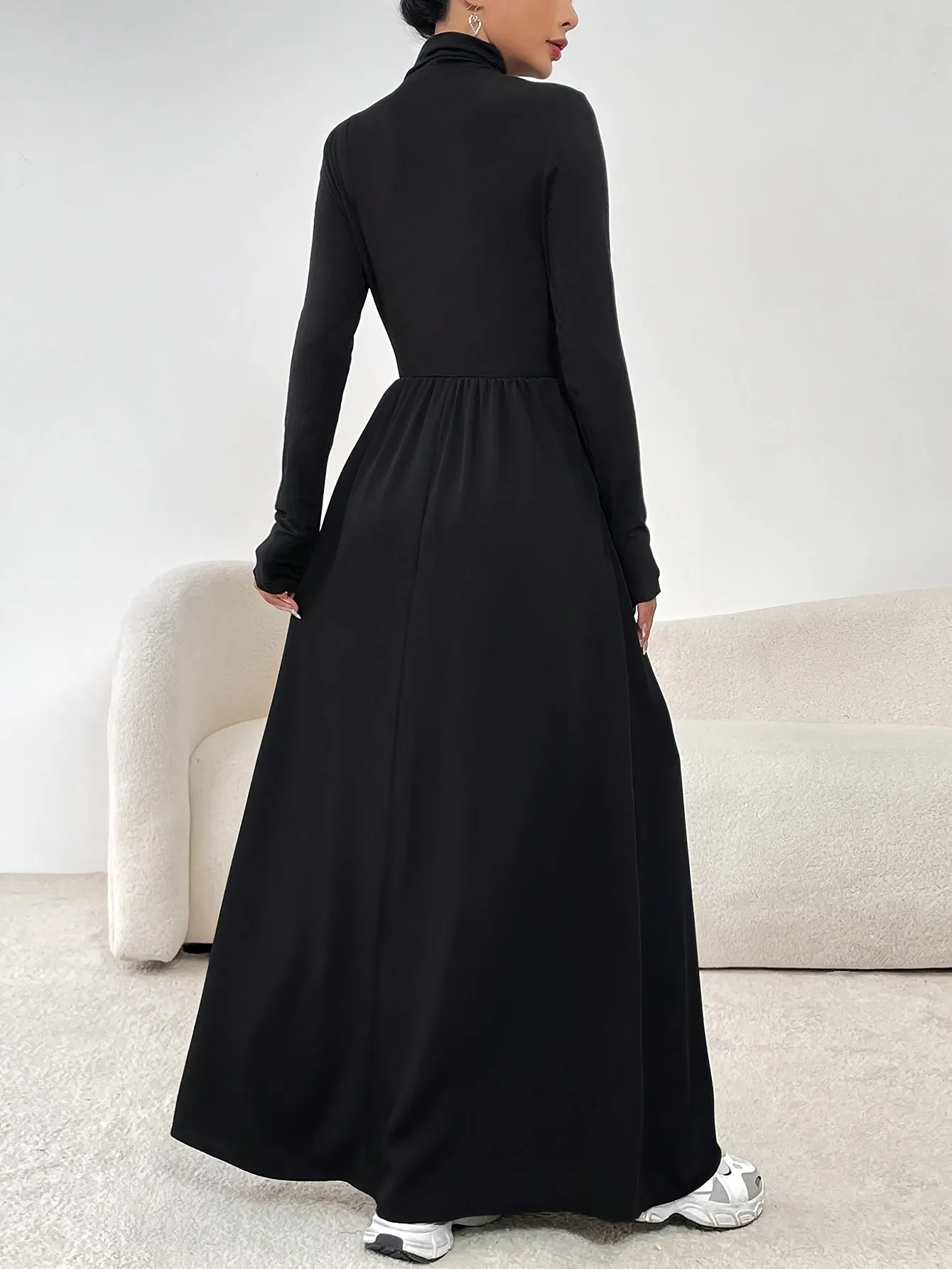 Stunning Cinched Waist Maxi Dress - Elegant Long Sleeve, A-Line Silhouette, Mock Neck Design, Perfect for Spring & Fall, Women's Clothing for Chic Occasions