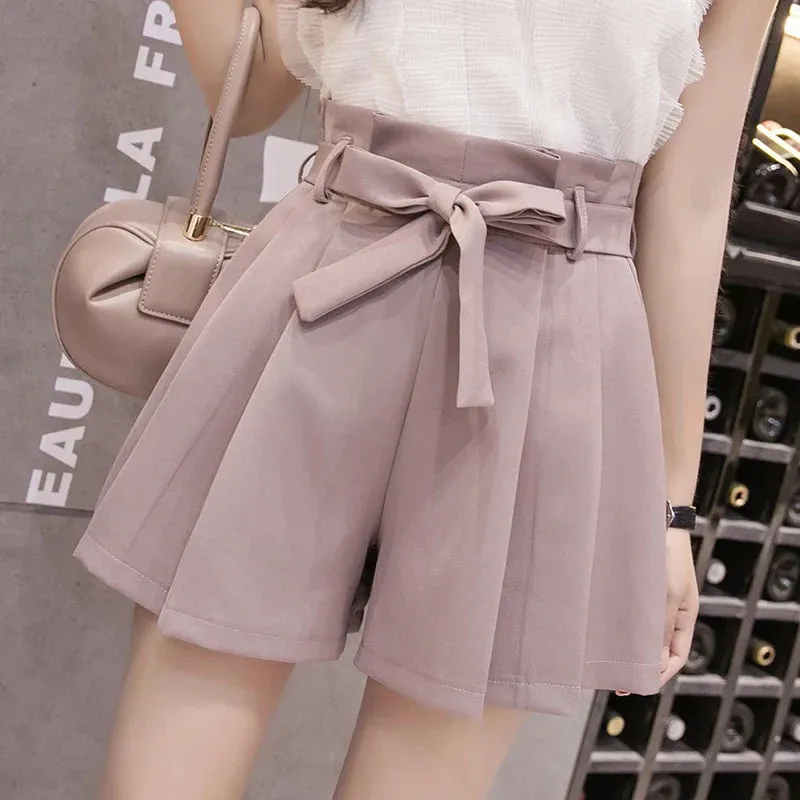 Stylish Lace-Up Bowknot Pleated Wide Leg Summer Shorts