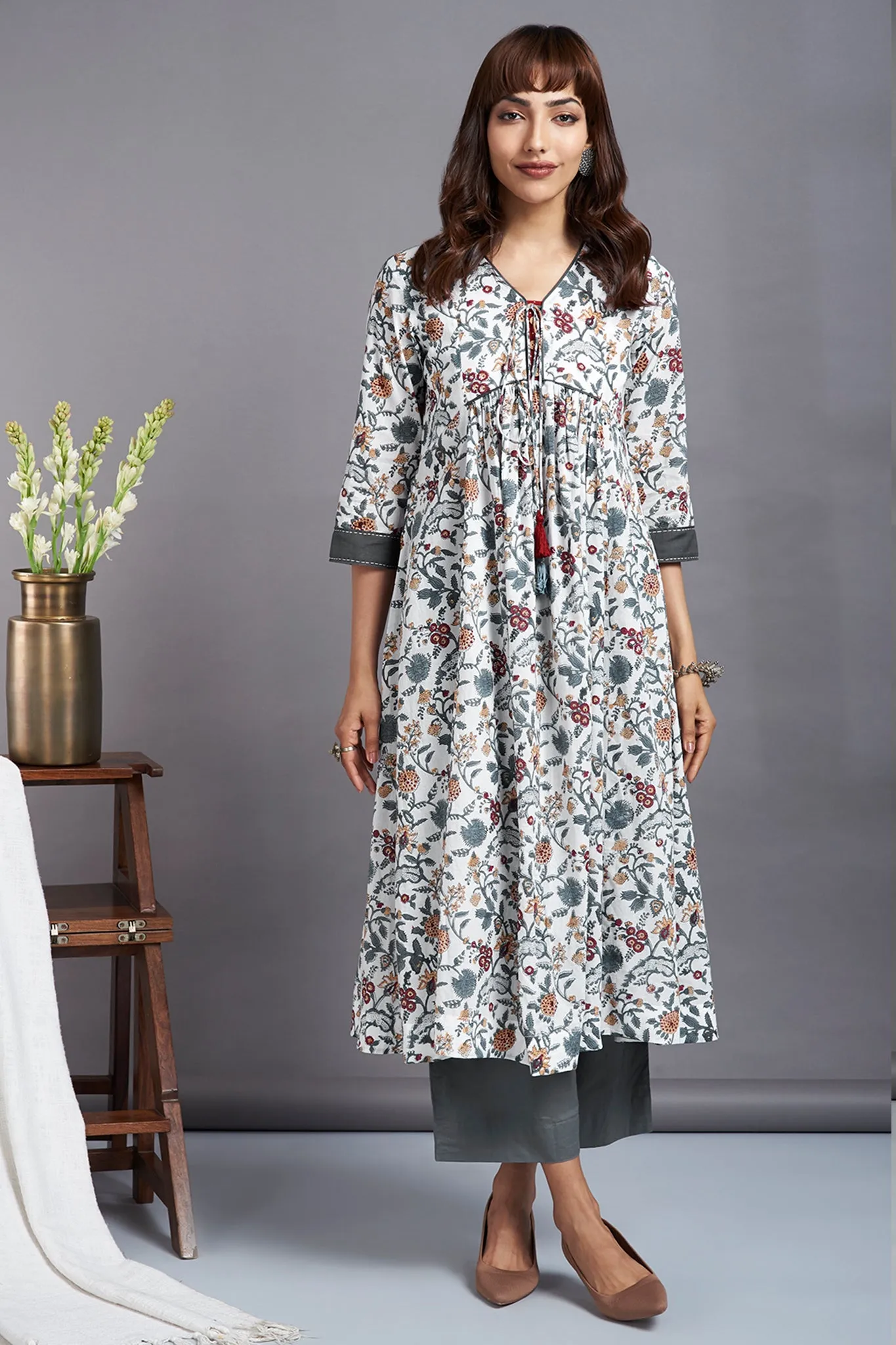 tie-up gather kali kurta - porcelain garden & morning songs