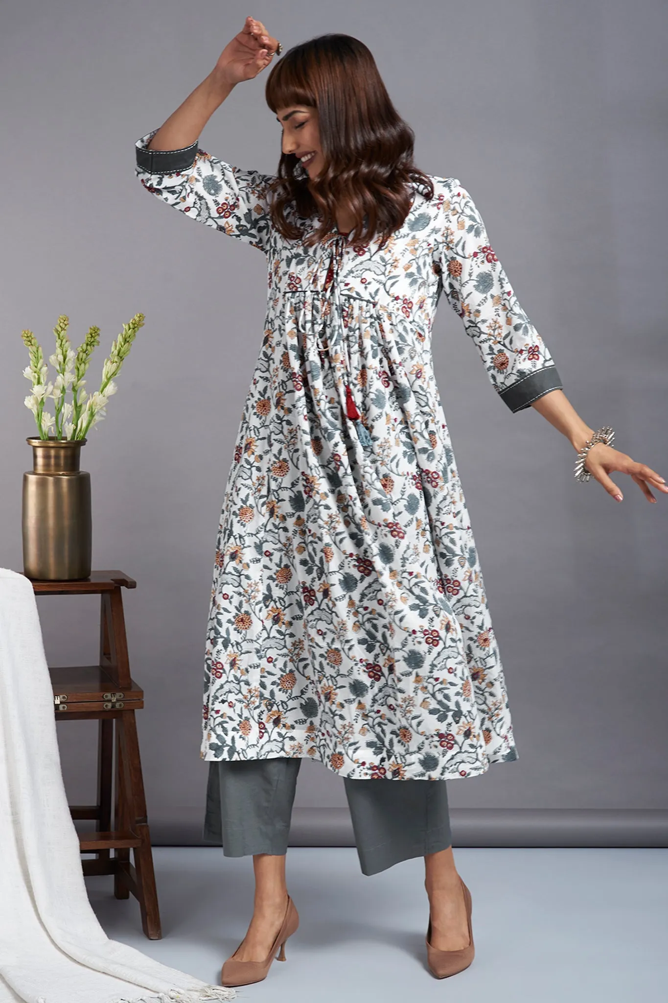 tie-up gather kali kurta - porcelain garden & morning songs