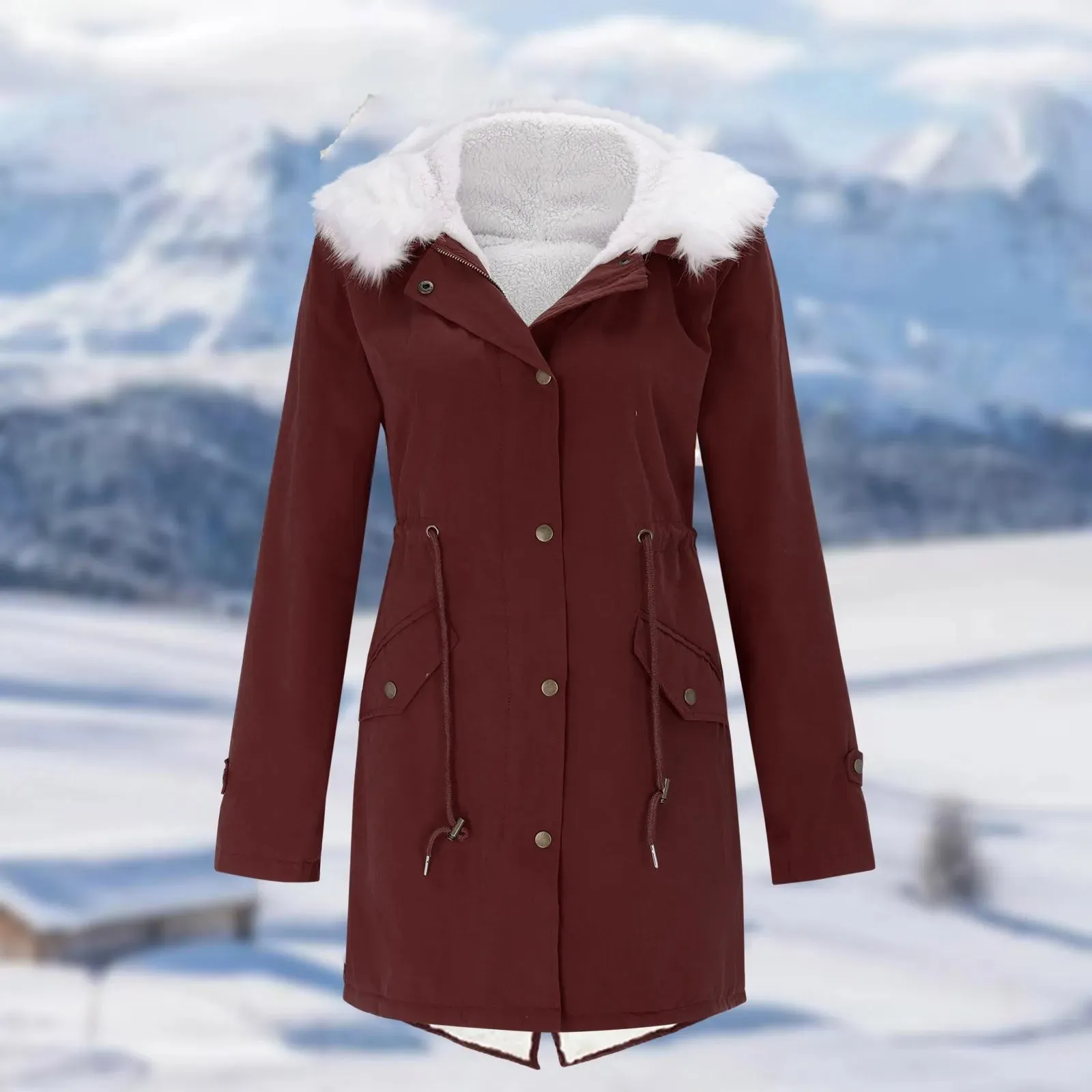 Uniwim 2024 Winter Thicken Warm Zip Up Button Hooded Overcoat Plus Size Fleece Lined Snow Wear Slim Outwear Jacket Coat With Adjustable Belt