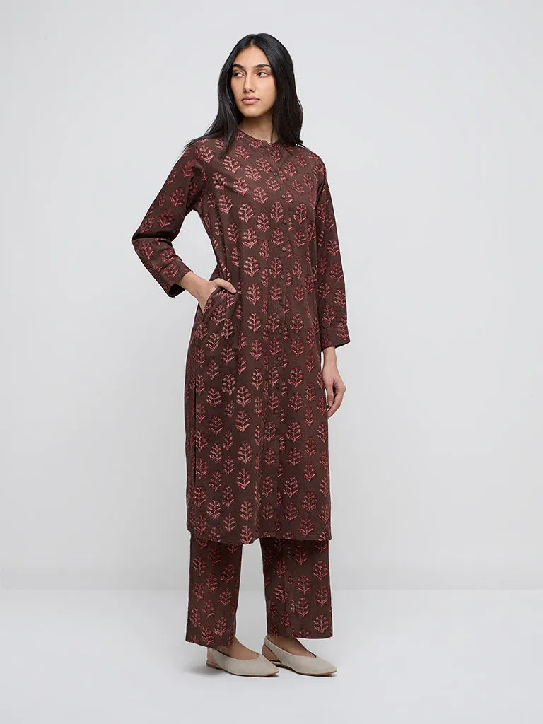 Utsa Brown Botanical Printed High-Rise Cotton Ethnic Pants