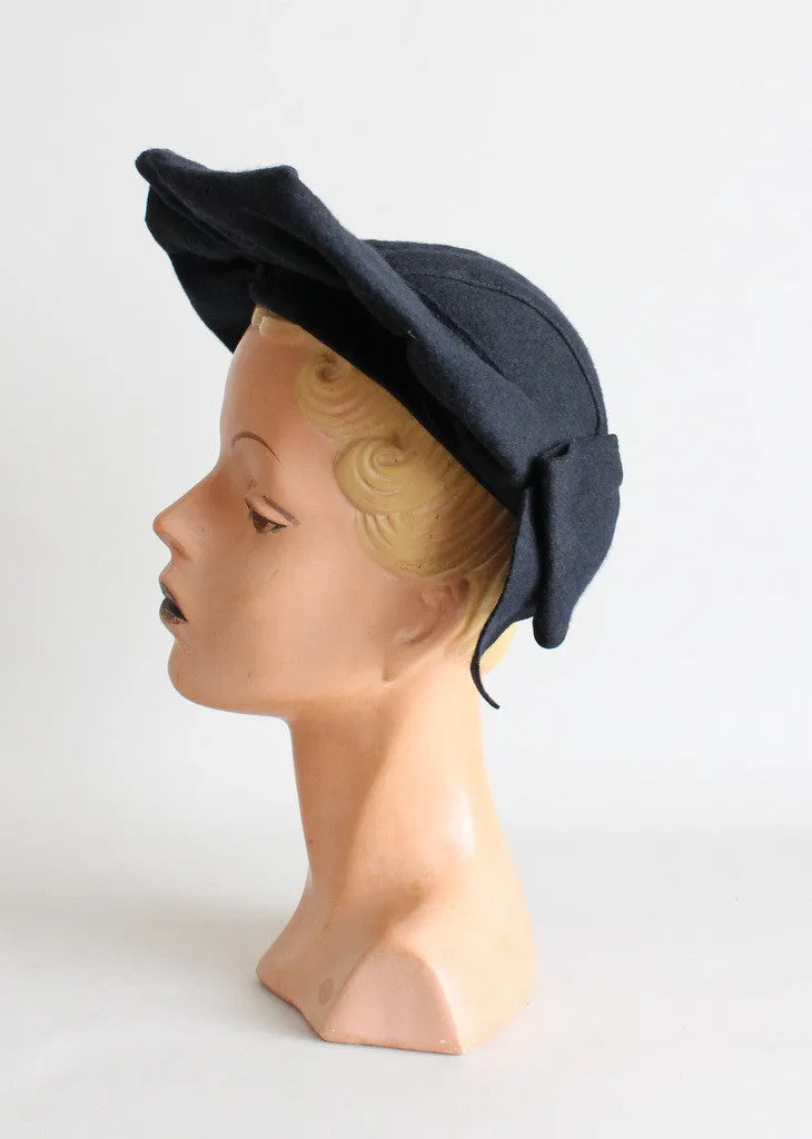 Vintage 1930s Black Felt Ruffle Front Hat