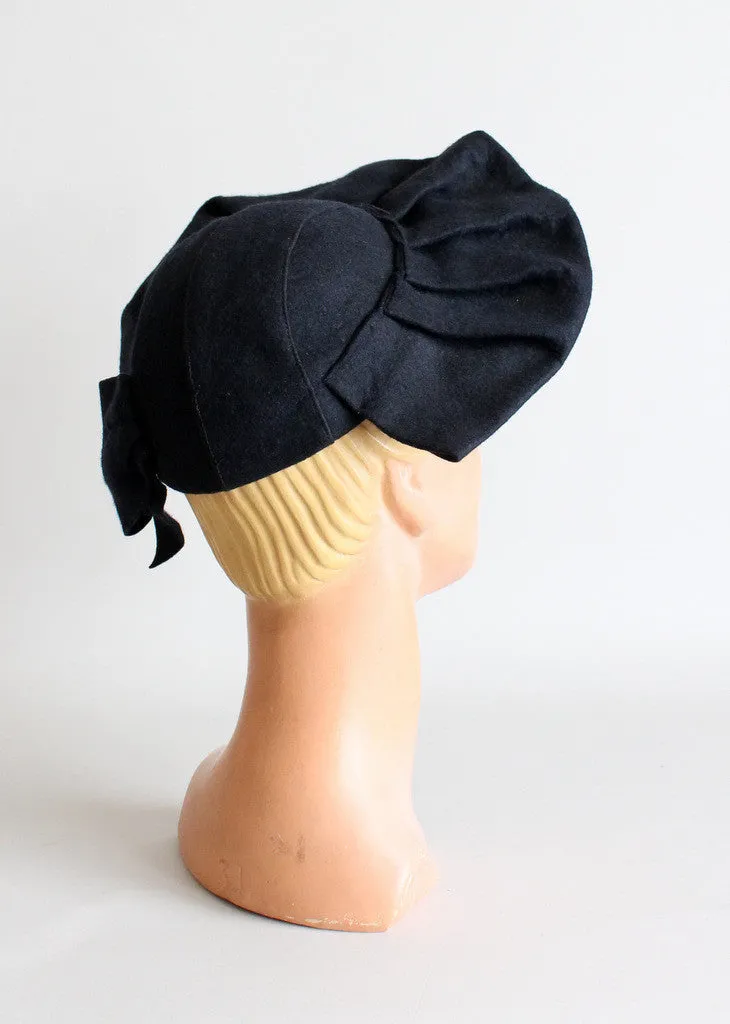 Vintage 1930s Black Felt Ruffle Front Hat