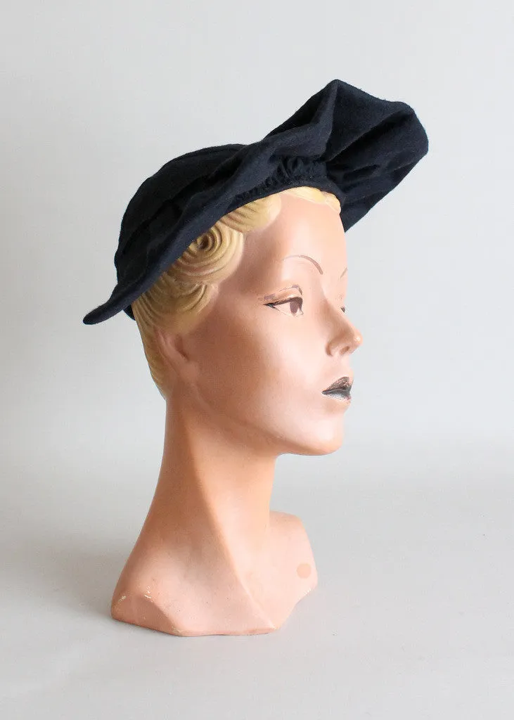 Vintage 1930s Black Felt Ruffle Front Hat