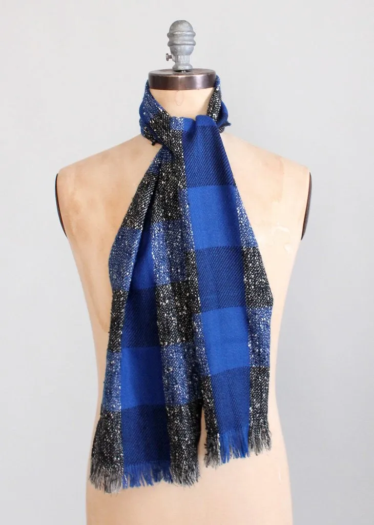 Vintage 1960s Blue and Black Plaid Scarf