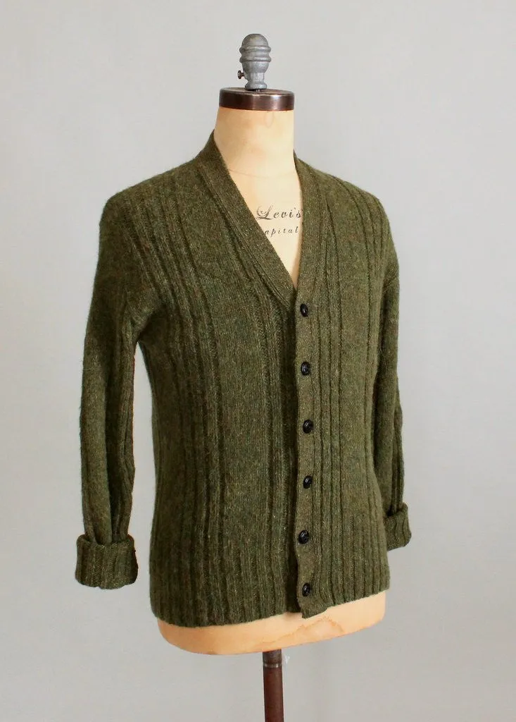 Vintage 1960s Mens Green Cable Knit Cardigan