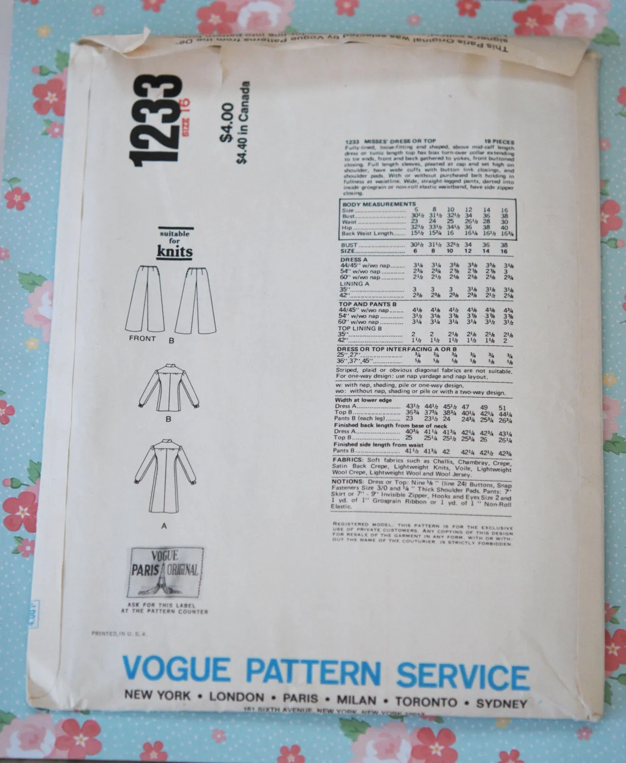 VOGUE Paris Original 1233 UNGARO Dress Blouse Wide Pants Retro 70s Vintage Sewing Pattern