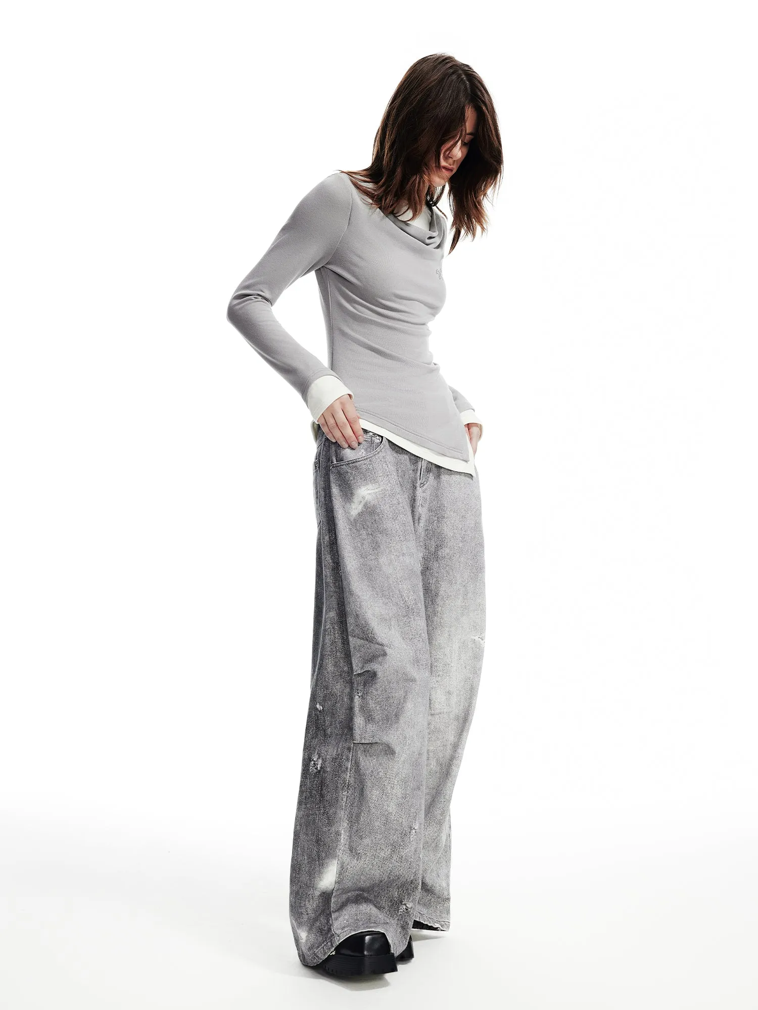 WESAME LAB WASHED DENIM WIDE-LEG PANTS WITH HOLES