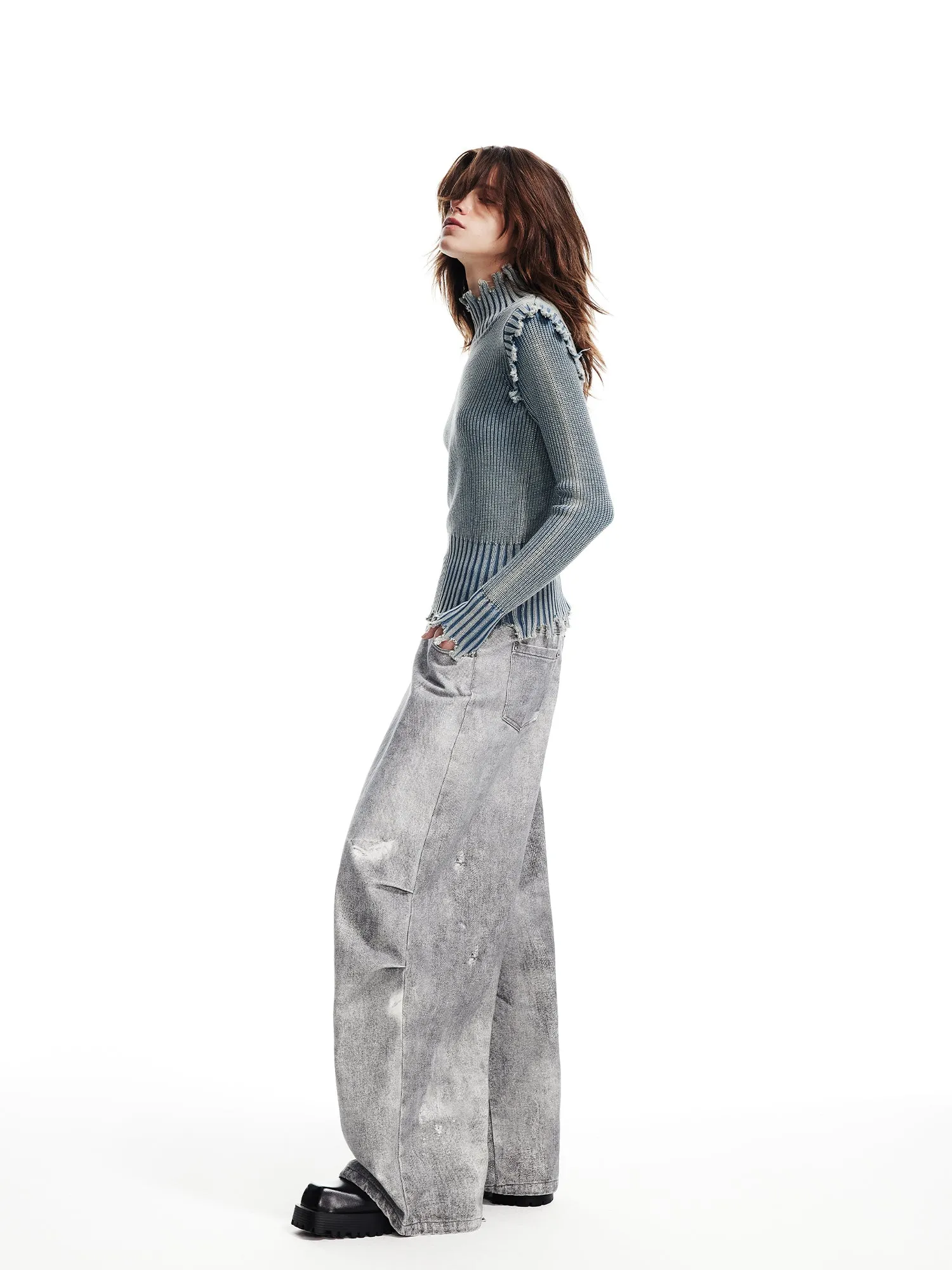 WESAME LAB WASHED DENIM WIDE-LEG PANTS WITH HOLES