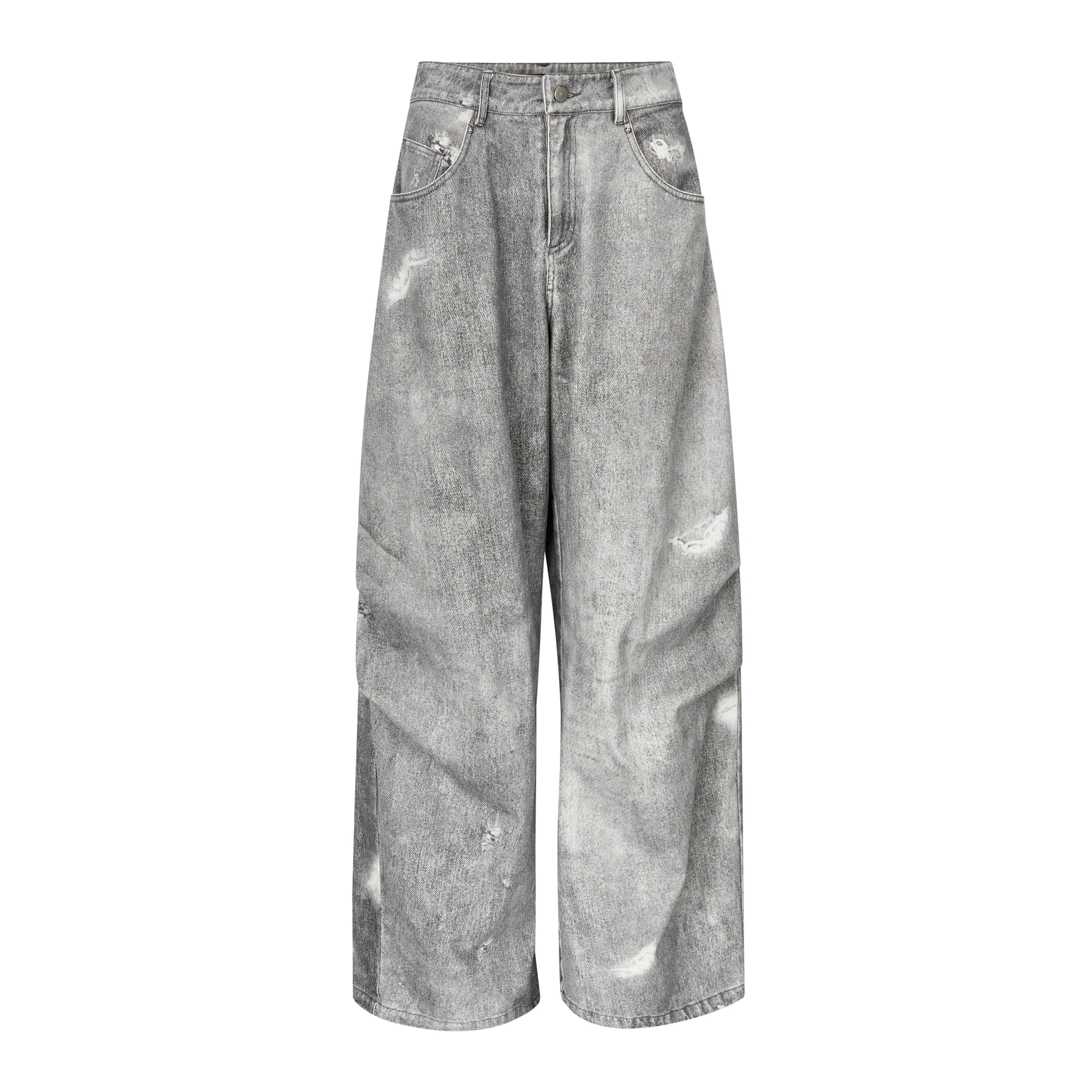 WESAME LAB WASHED DENIM WIDE-LEG PANTS WITH HOLES