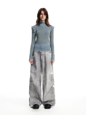 WESAME LAB WASHED DENIM WIDE-LEG PANTS WITH HOLES