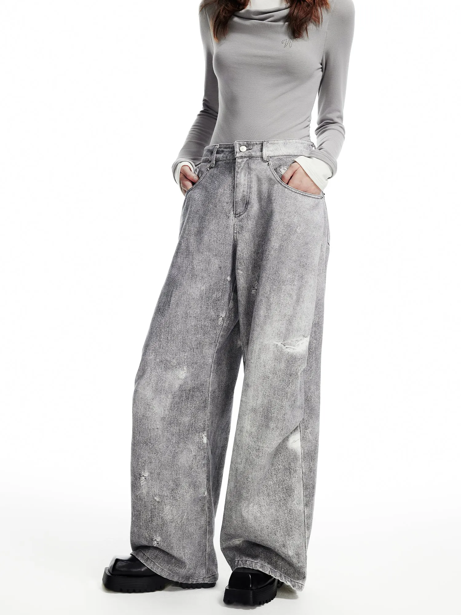 WESAME LAB WASHED DENIM WIDE-LEG PANTS WITH HOLES