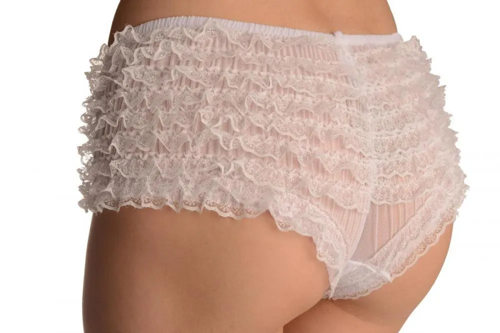 White Multi Layers Women Frilly Ruffle Lace Panty Shorts