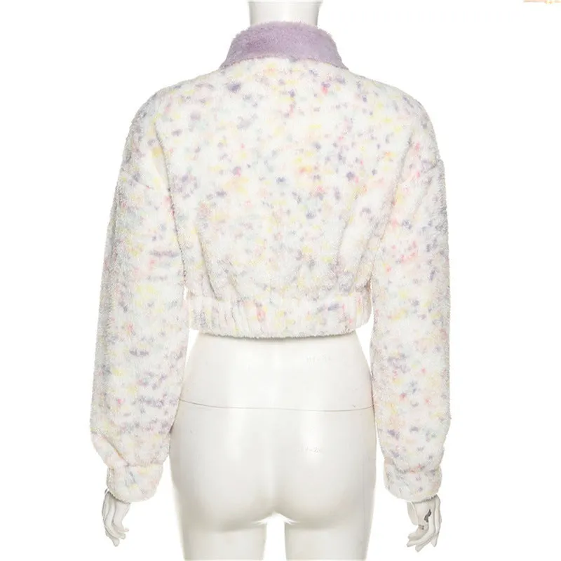 Women kawaii furry crop top cardigan zipper coat princess collar pastel dotty floral prints instashop